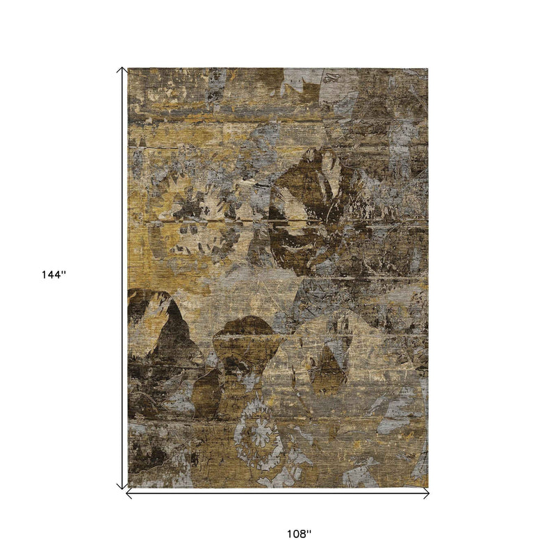 9' X 12' Brown And Gray Floral Washable Indoor Outdoor Area Rug