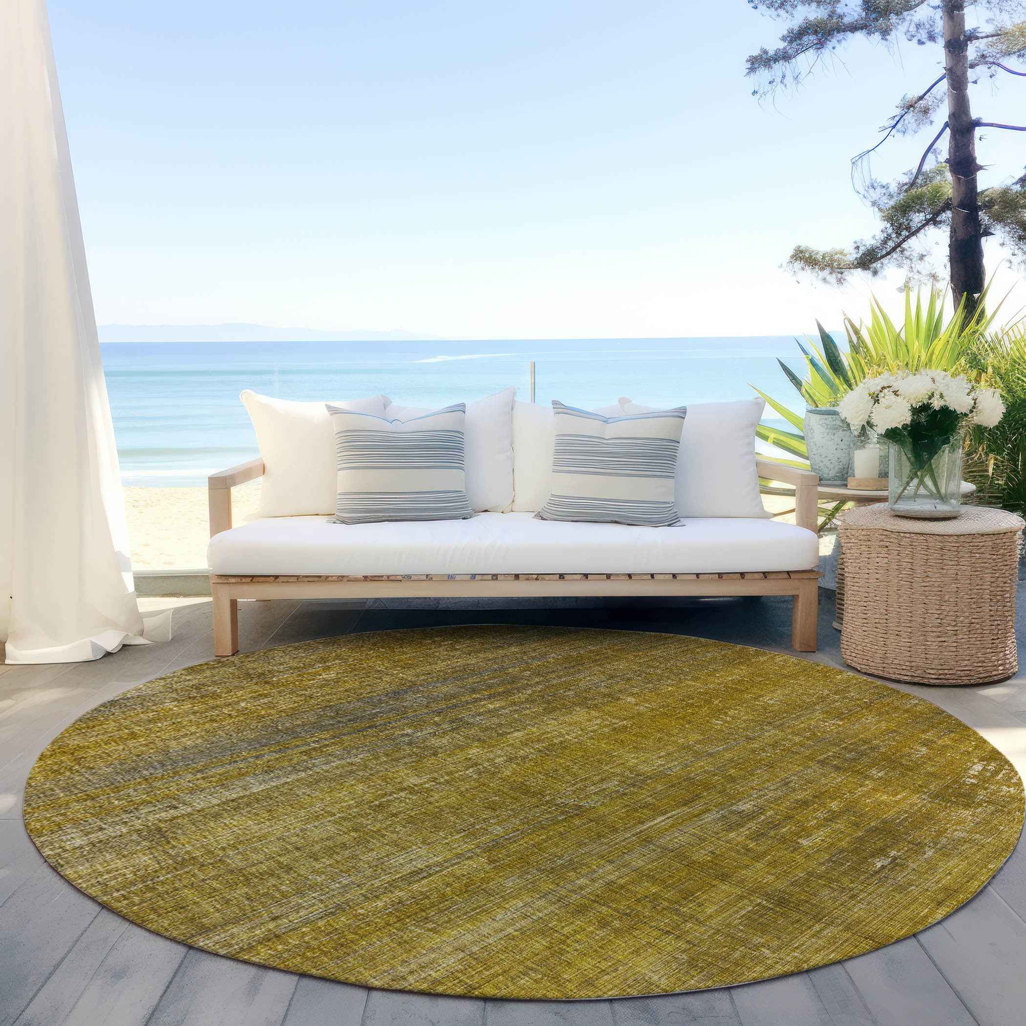8' Round Chocolate Round Striped Washable Non Skid Indoor Outdoor Area Rug