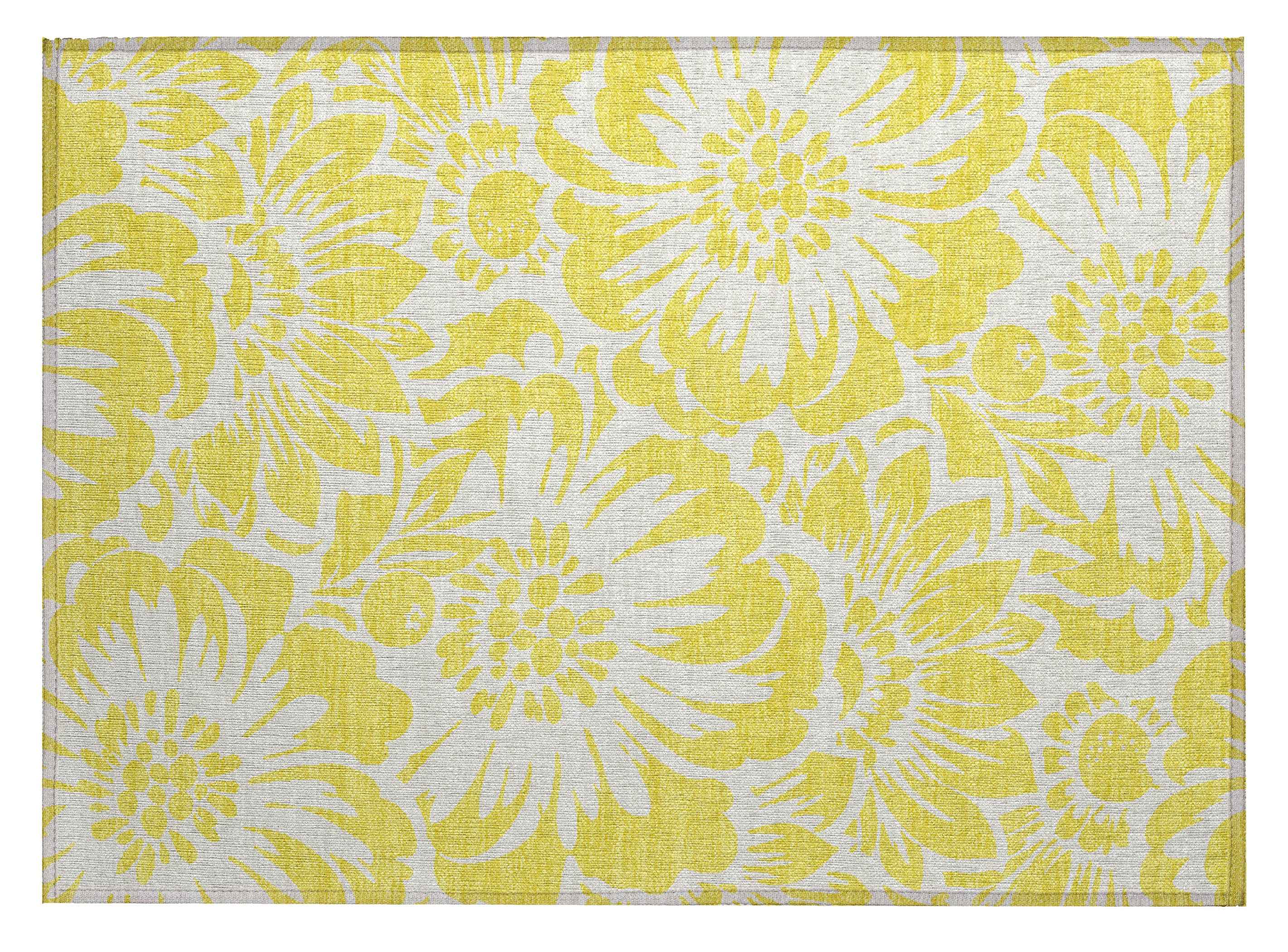 2' X 3' Yellow and Ivory Floral Washable Non Skid Indoor Outdoor Area Rug