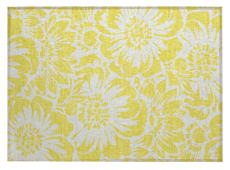 2' X 3' Yellow and Ivory Floral Washable Non Skid Indoor Outdoor Area Rug
