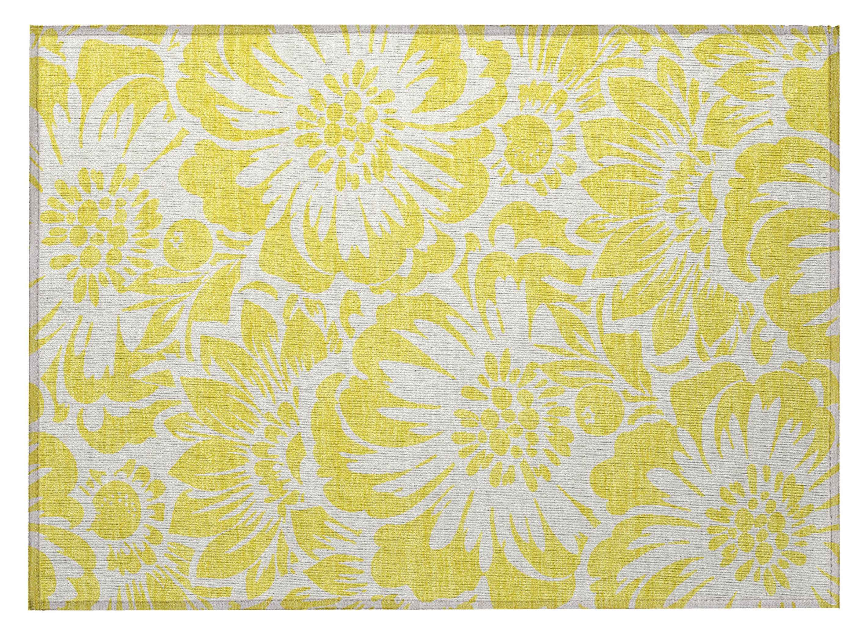 2' X 3' Yellow and Ivory Floral Washable Non Skid Indoor Outdoor Area Rug