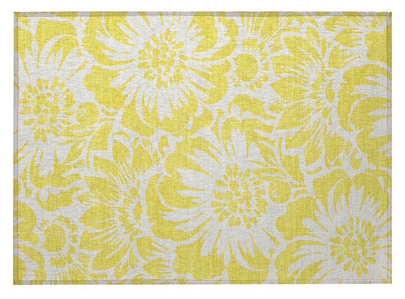 2' X 3' Yellow and Ivory Floral Washable Non Skid Indoor Outdoor Area Rug