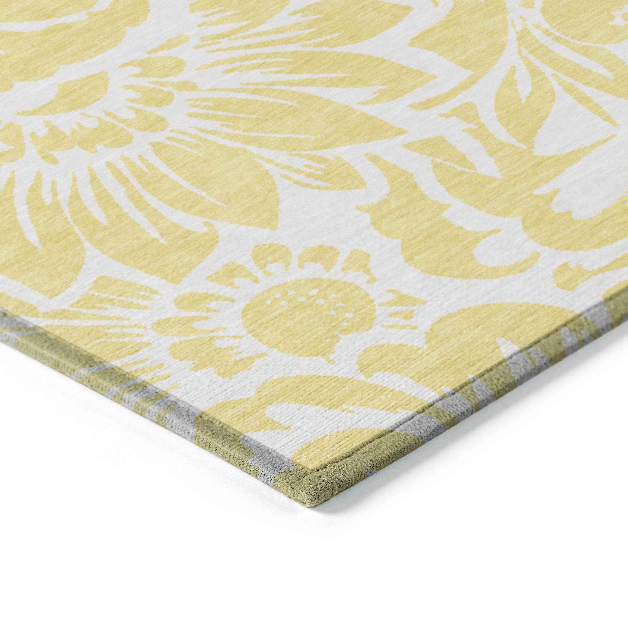 2' X 3' Yellow and Ivory Floral Washable Non Skid Indoor Outdoor Area Rug