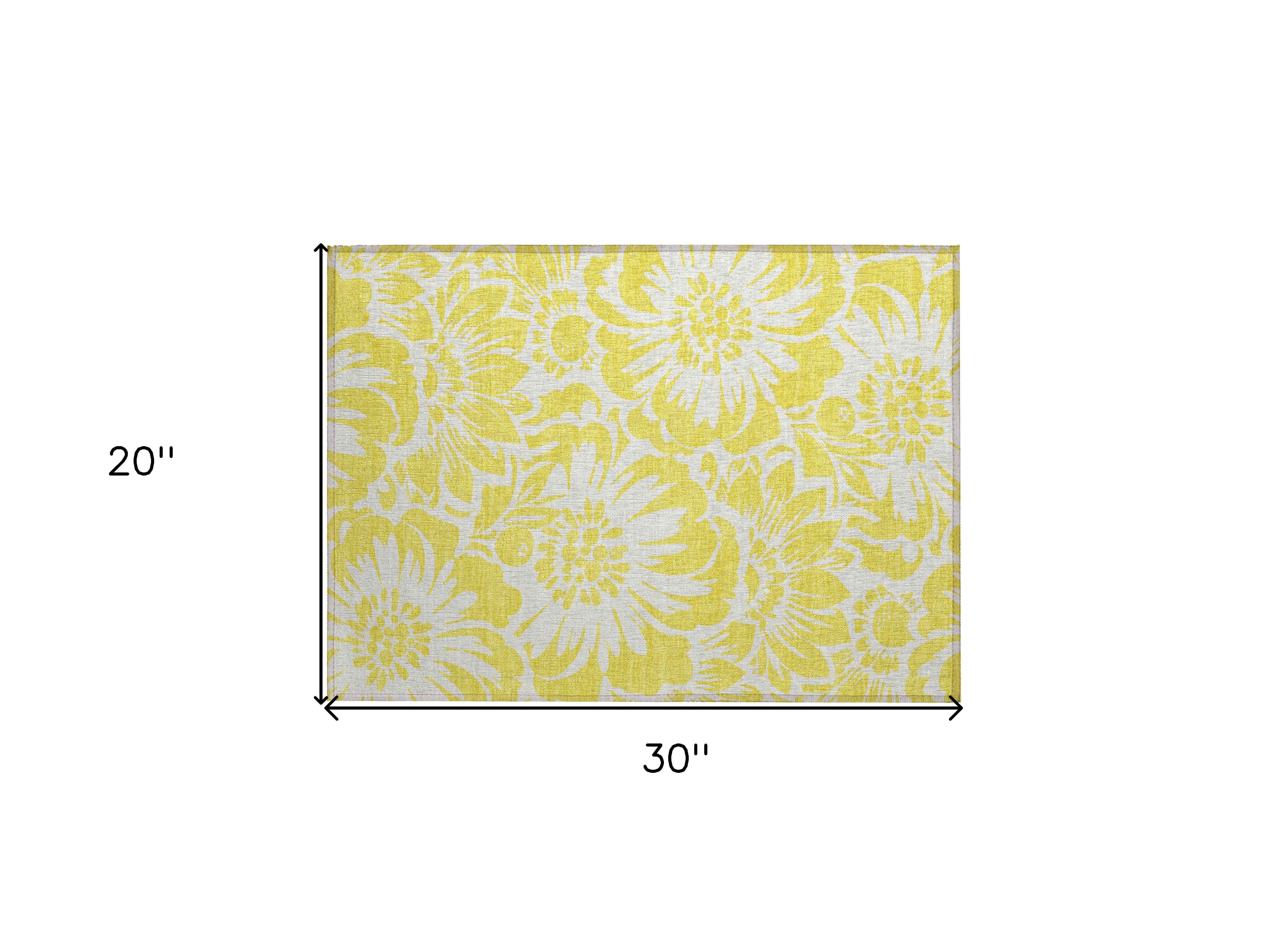 2' X 3' Yellow and Ivory Floral Washable Non Skid Indoor Outdoor Area Rug