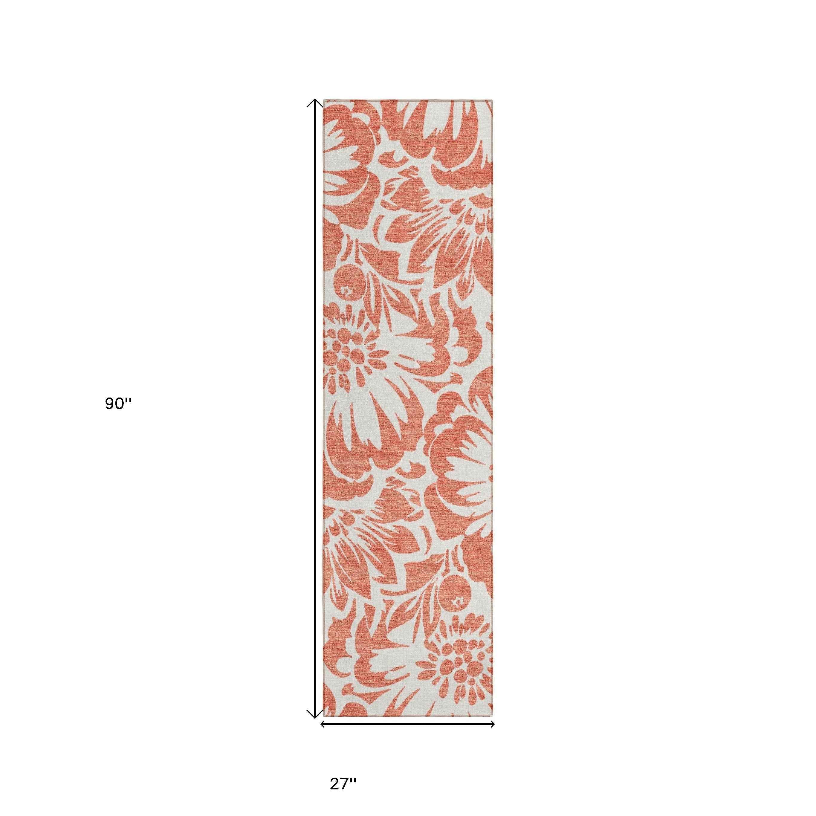 2' X 8' Salmon and Ivory Floral Washable Non Skid Indoor Outdoor Runner Rug