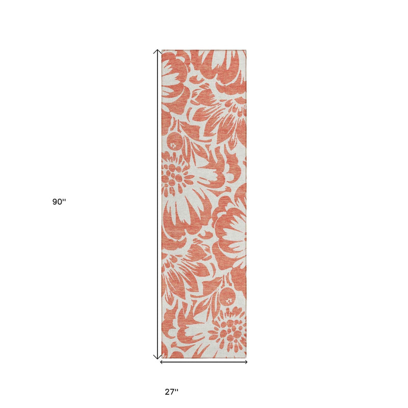 2' X 8' Salmon and Ivory Floral Washable Non Skid Indoor Outdoor Runner Rug