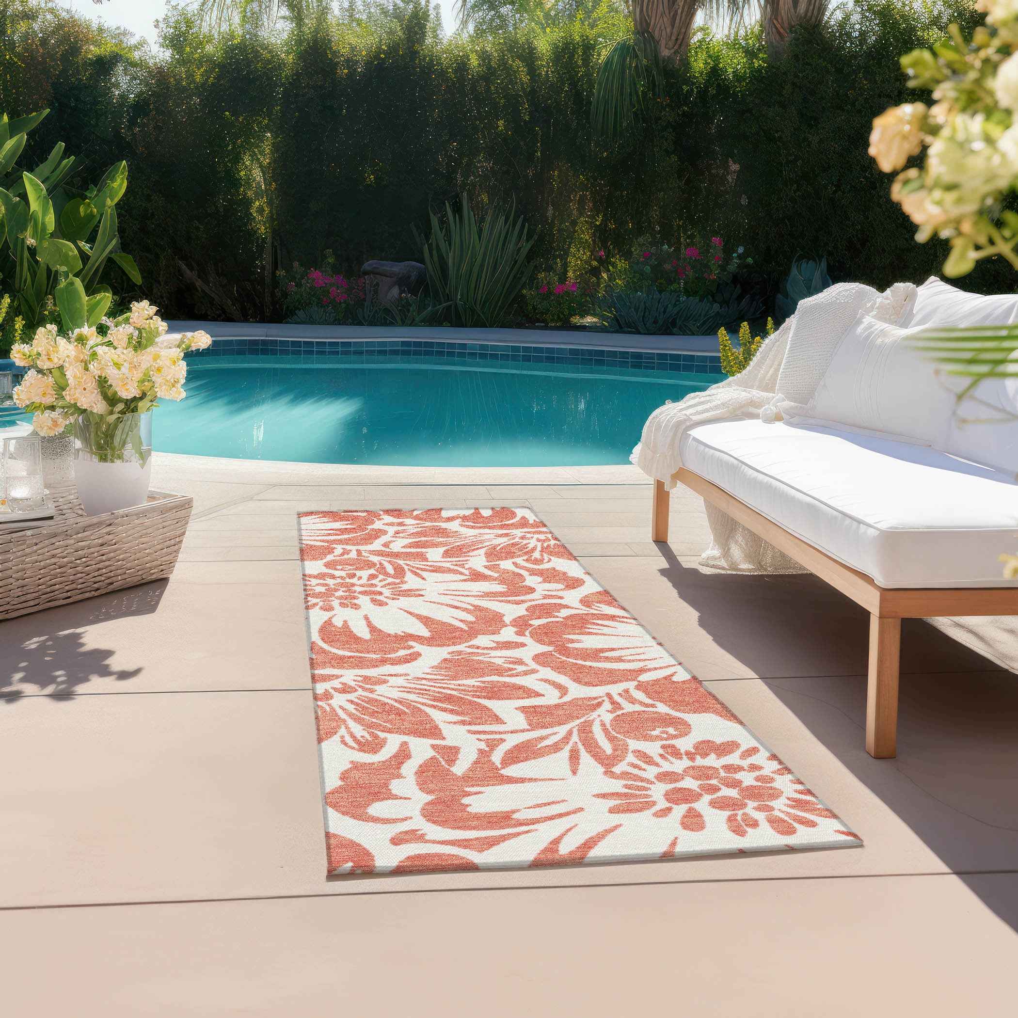 2' X 8' Salmon and Ivory Floral Washable Non Skid Indoor Outdoor Runner Rug