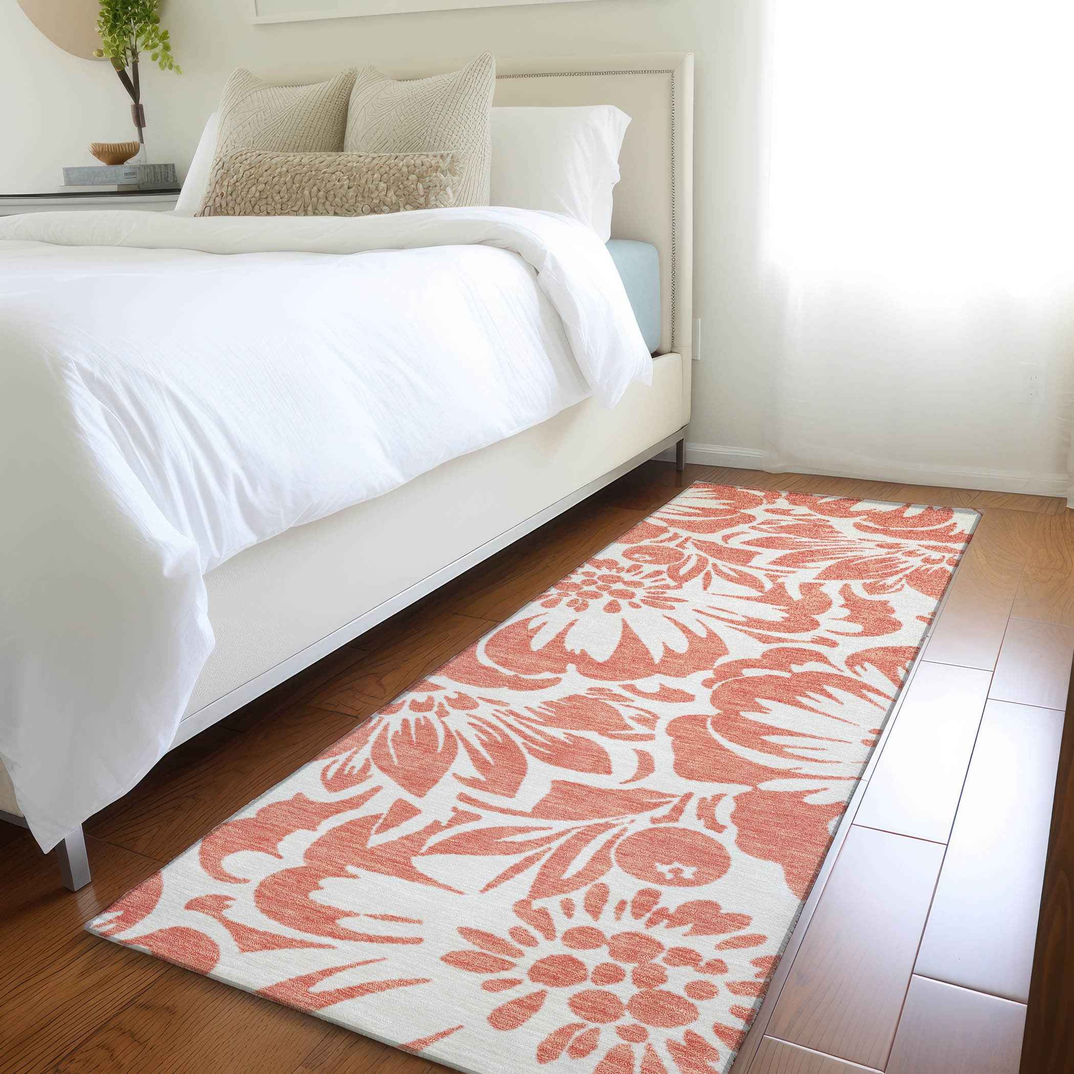 2' X 8' Salmon and Ivory Floral Washable Non Skid Indoor Outdoor Runner Rug