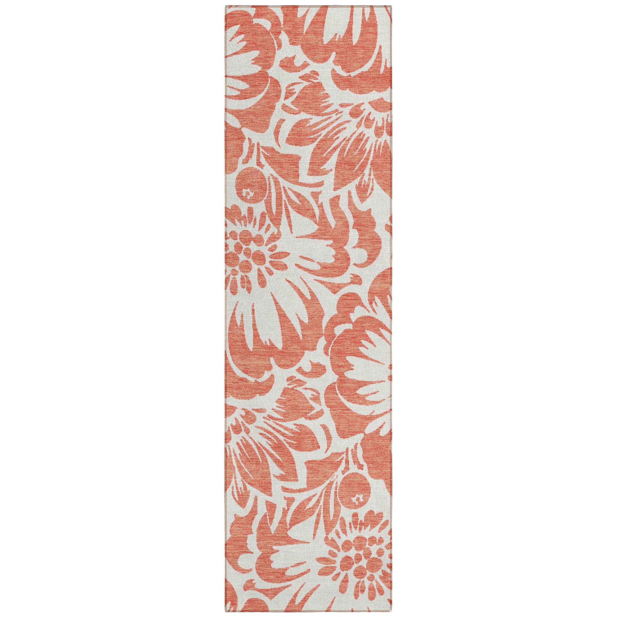2' X 8' Salmon and Ivory Floral Washable Non Skid Indoor Outdoor Runner Rug