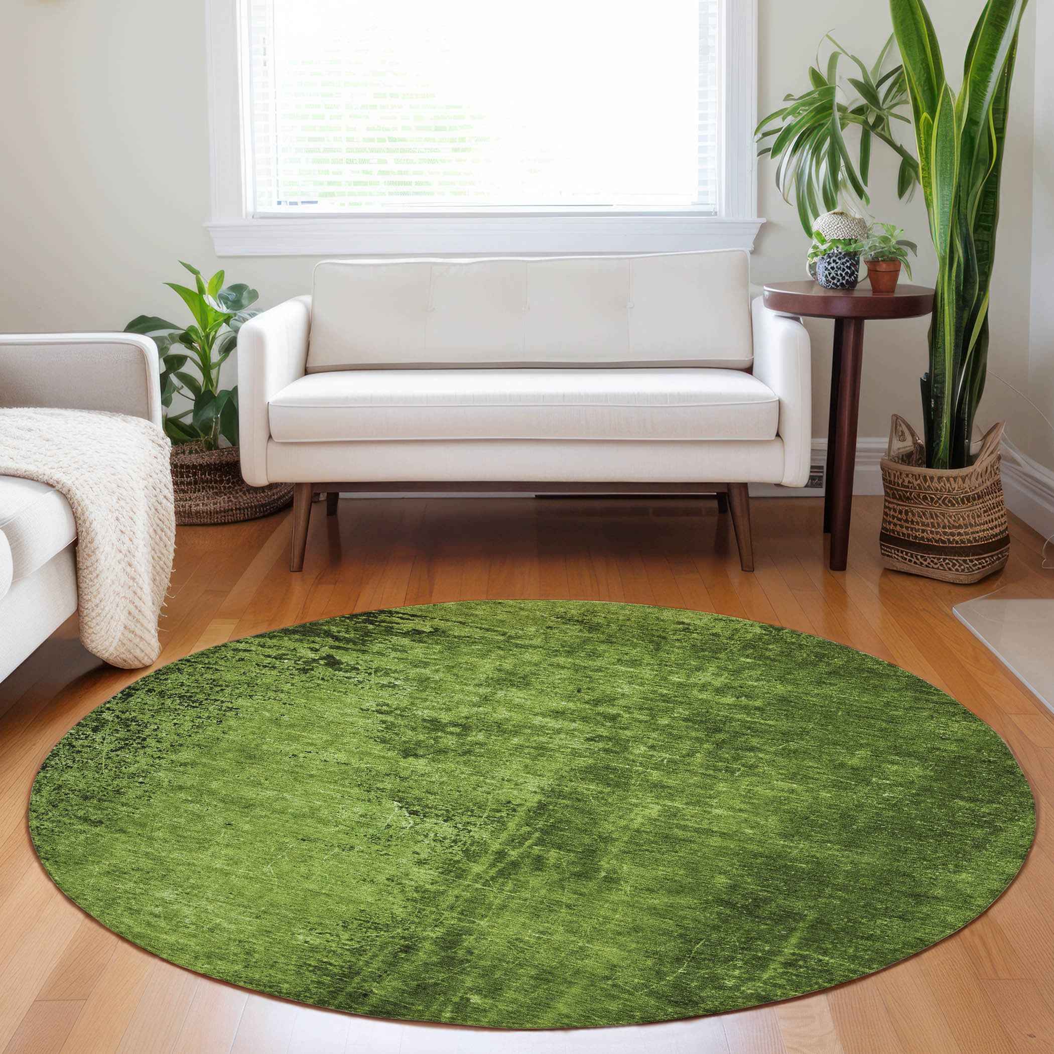 8' Round Green Round Abstract Washable Non Skid Indoor Outdoor Area Rug