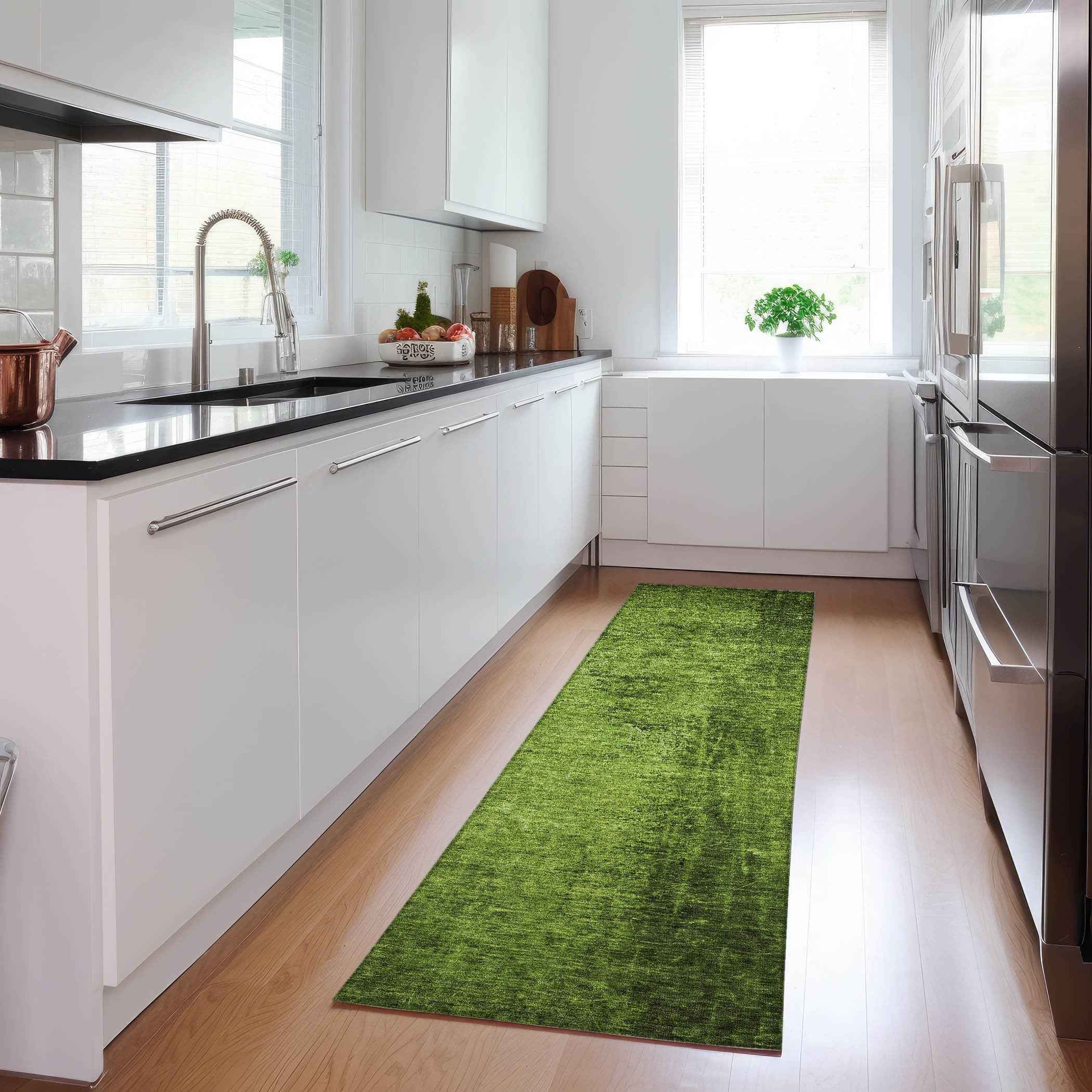 8' Runner Green Abstract Washable Non Skid Indoor Outdoor Runner Rug