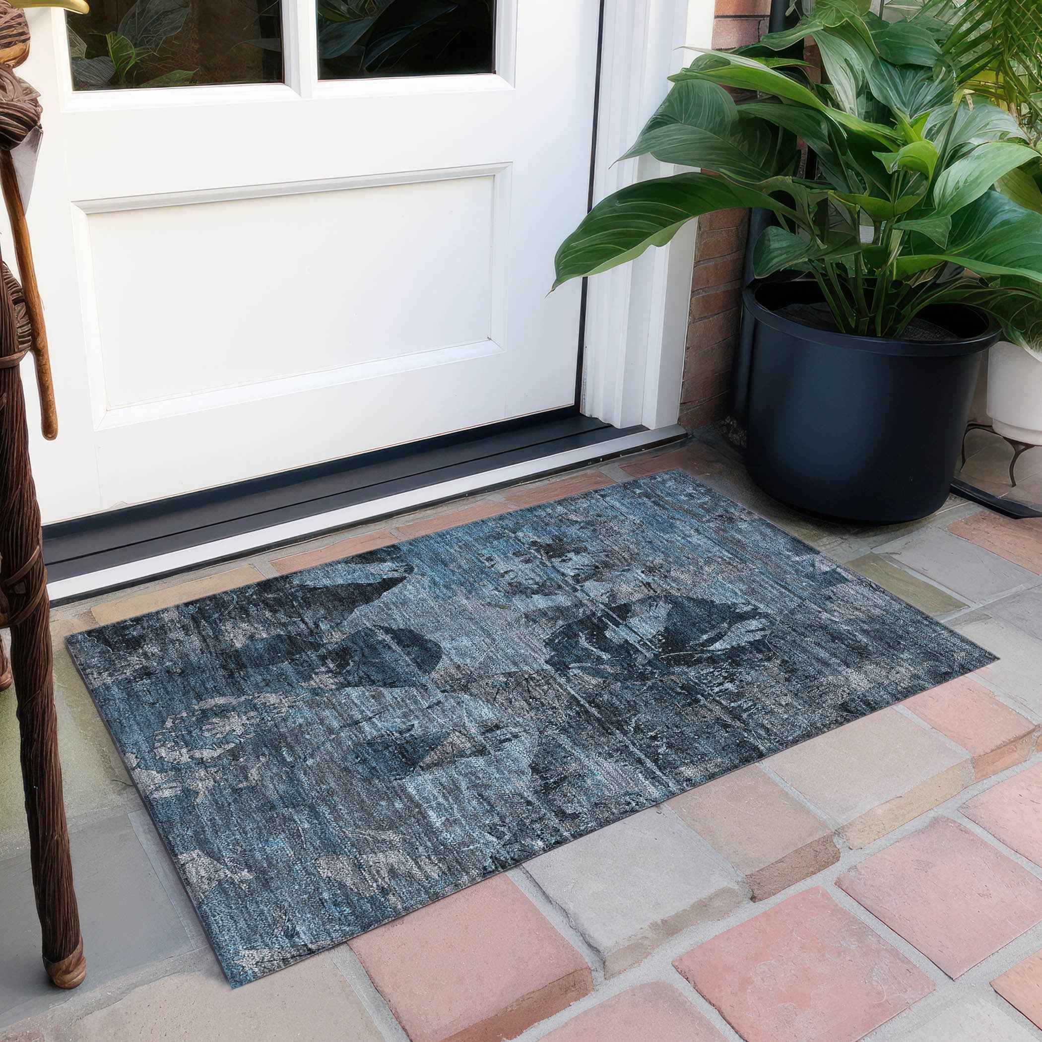 2' X 3' Blue and Dark Blue Abstract Washable Indoor Outdoor Area Rug