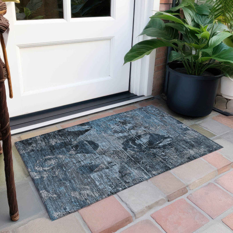 2' X 3' Blue and Dark Blue Abstract Washable Indoor Outdoor Area Rug