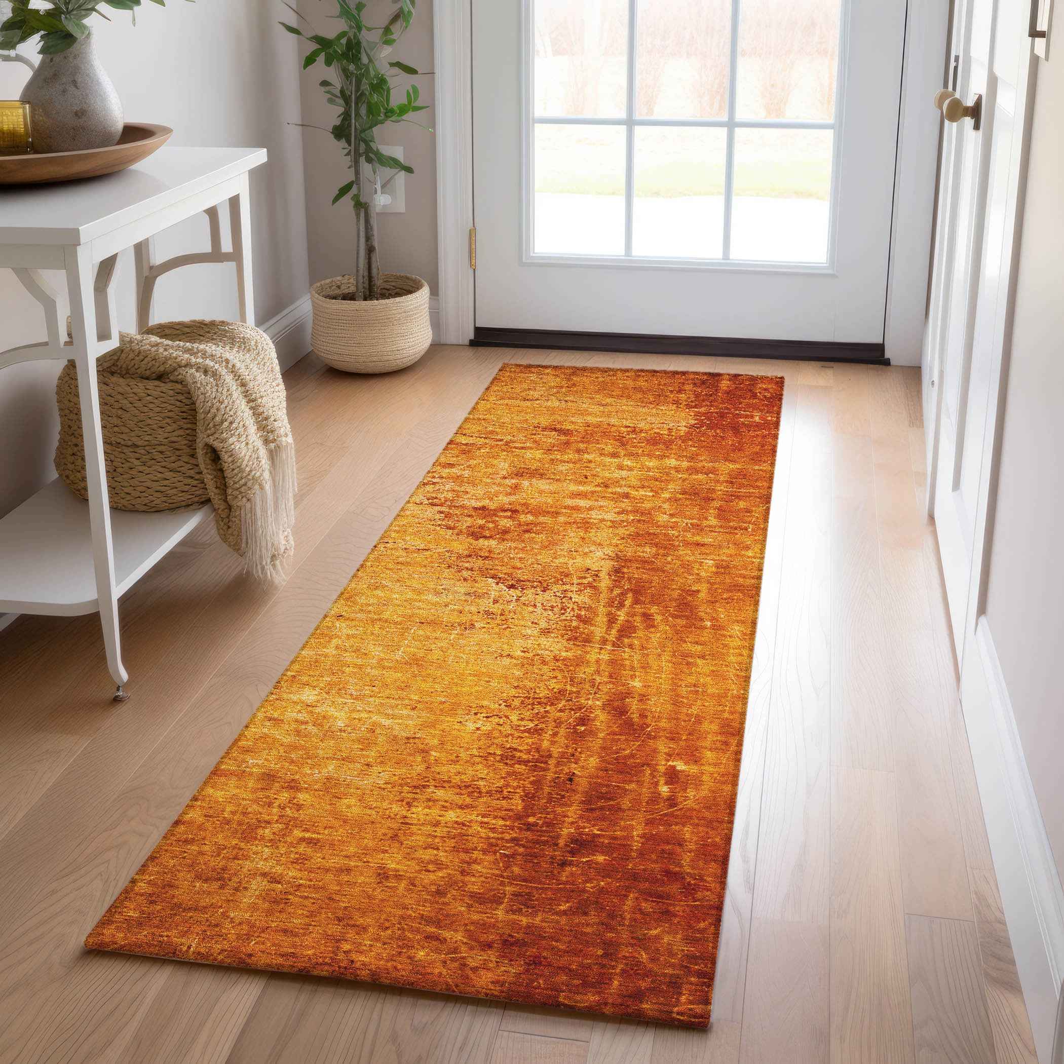 8' Runner Orange Abstract Washable Non Skid Indoor Outdoor Runner Rug