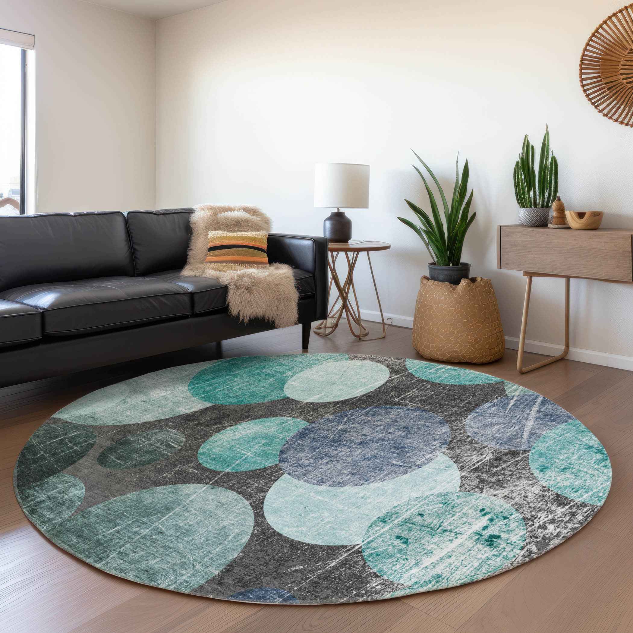 8' Round Gray Blue and Purple Round Abstract Washable Non Skid Indoor Outdoor Area Rug