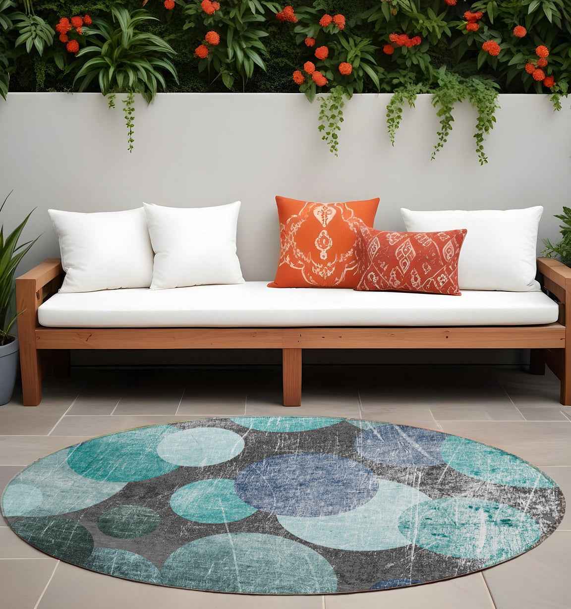 8' Round Gray Blue and Purple Round Abstract Washable Non Skid Indoor Outdoor Area Rug