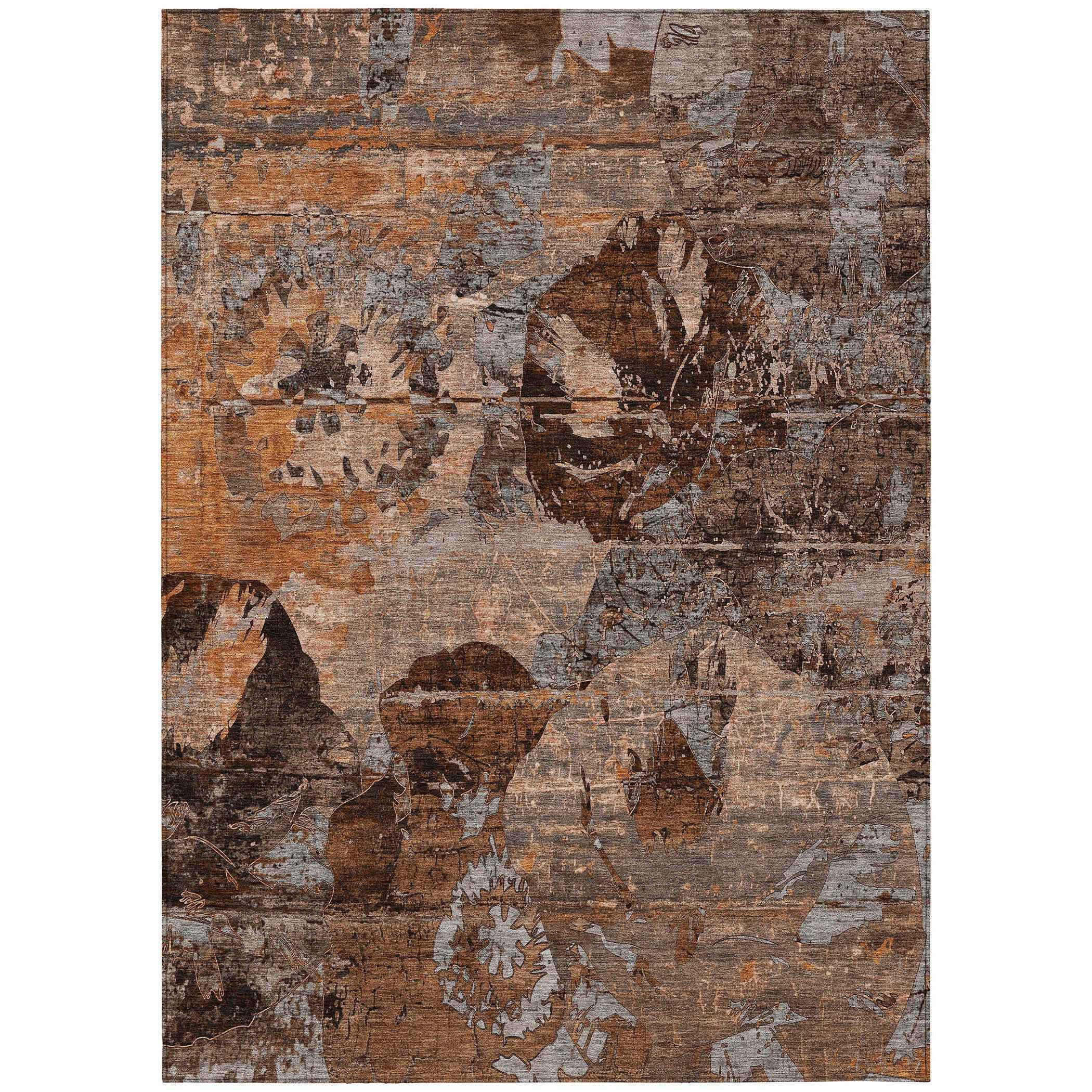8' X 10' Brown Terracotta and Gray Floral Washable Non Skid Indoor Outdoor Area Rug