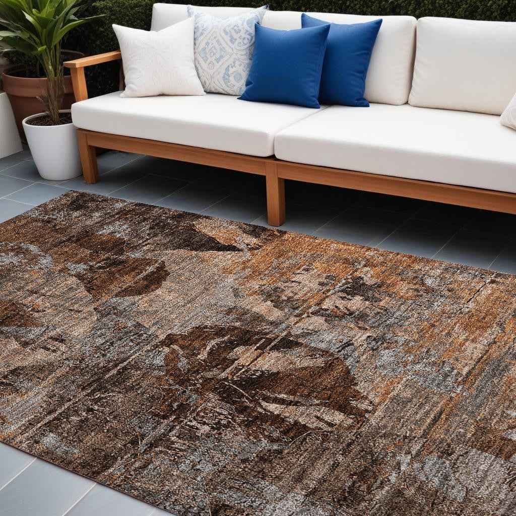 8' X 10' Brown Terracotta and Gray Floral Washable Non Skid Indoor Outdoor Area Rug