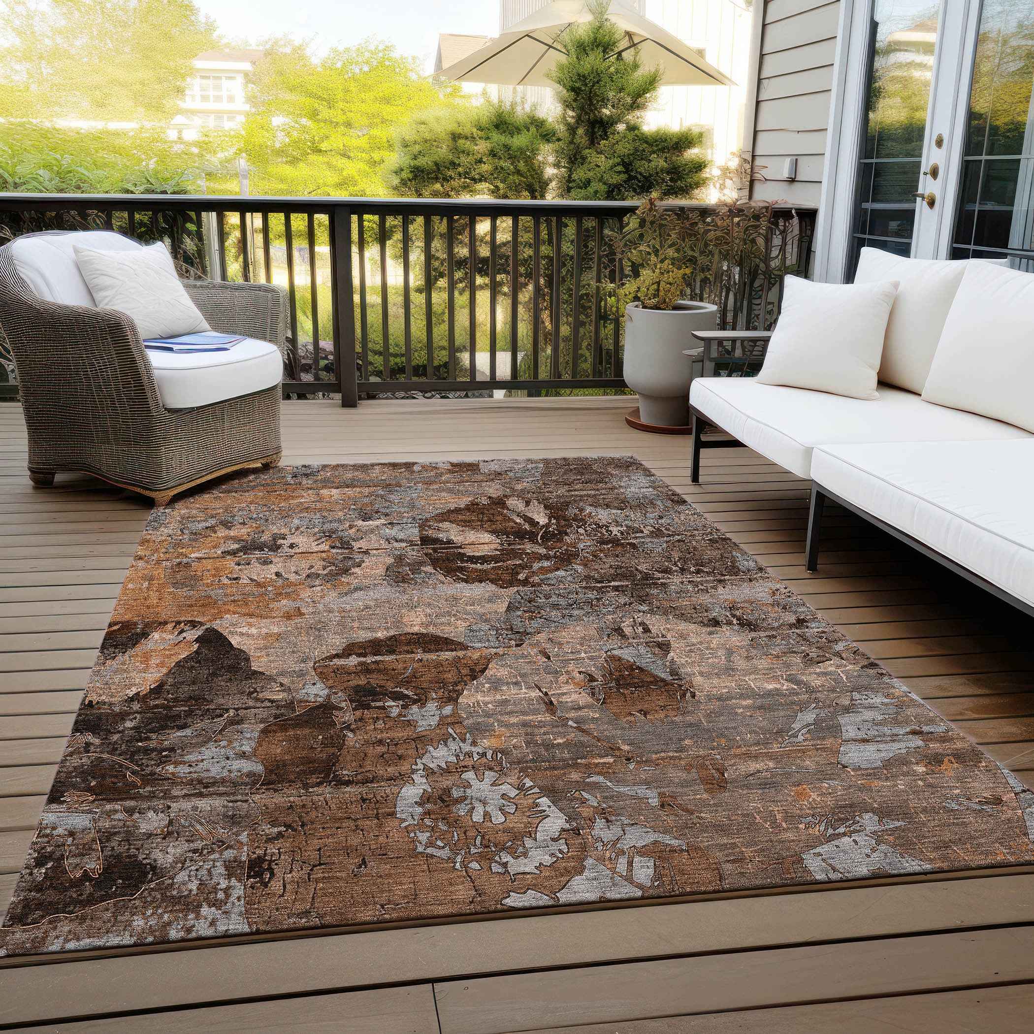 8' X 10' Brown Terracotta and Gray Floral Washable Non Skid Indoor Outdoor Area Rug