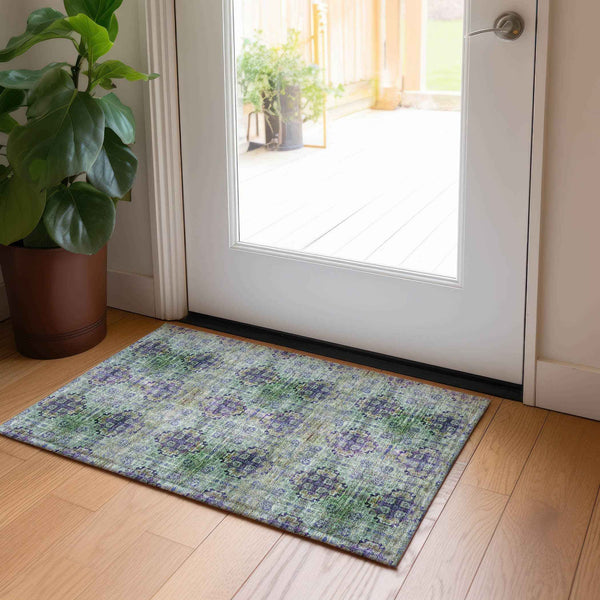 2' X 3' Purple and Green Floral Medallion Washable Non Skid Indoor Outdoor Area Rug