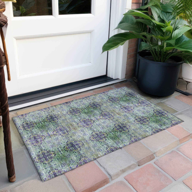 2' X 3' Purple and Green Floral Medallion Washable Non Skid Indoor Outdoor Area Rug