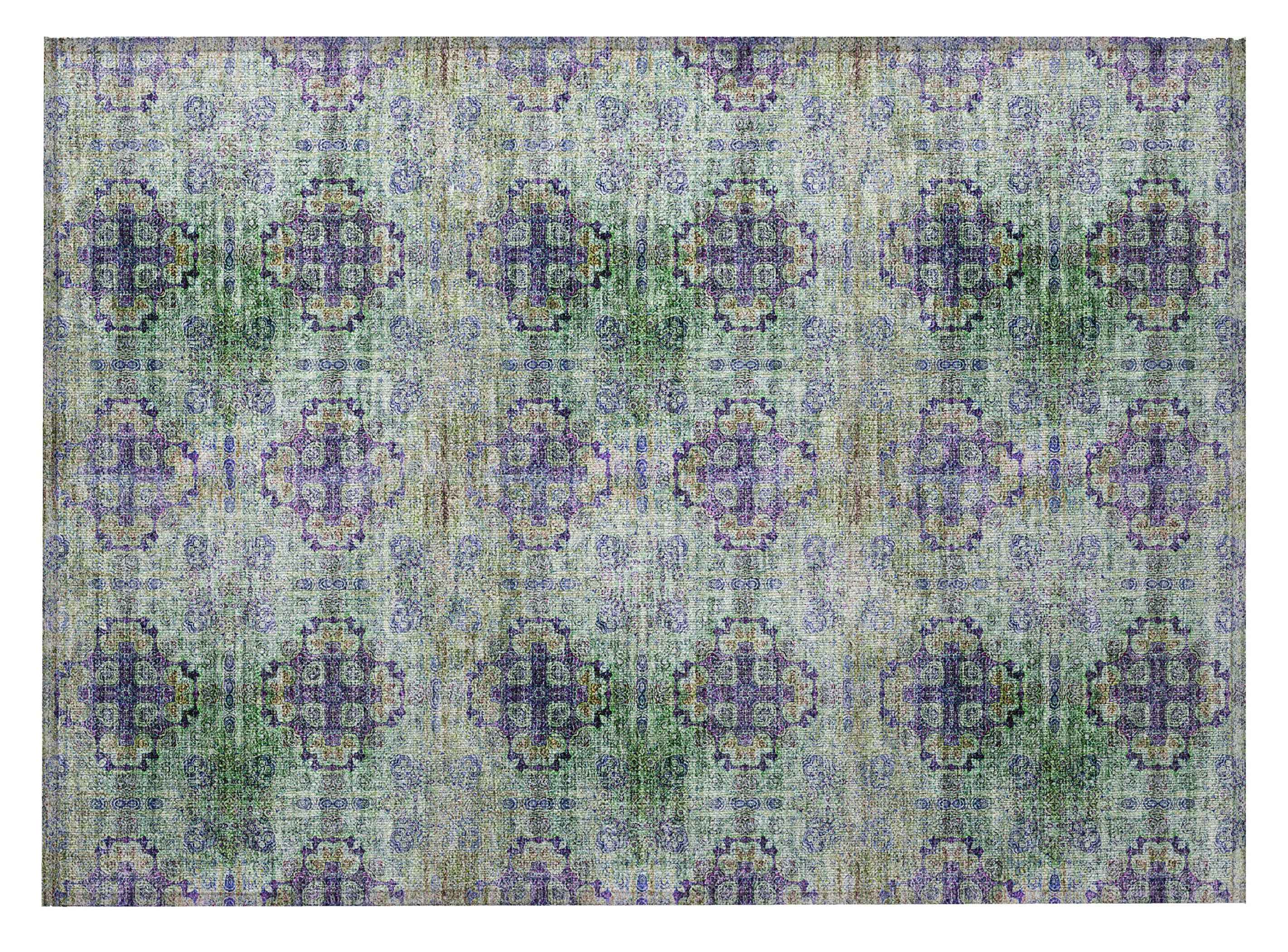 2' X 3' Purple and Green Floral Medallion Washable Non Skid Indoor Outdoor Area Rug
