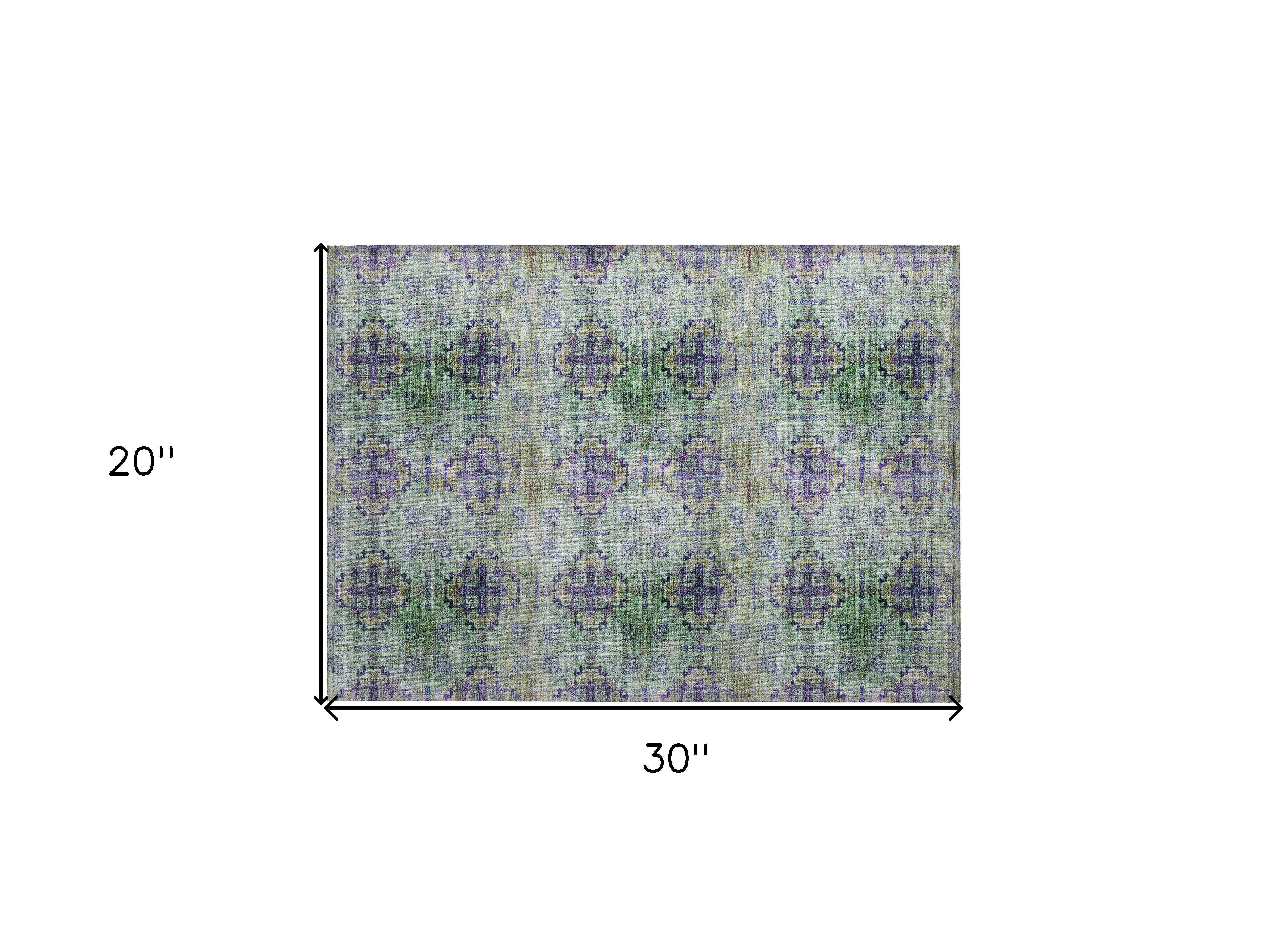 2' X 3' Purple and Green Floral Medallion Washable Non Skid Indoor Outdoor Area Rug