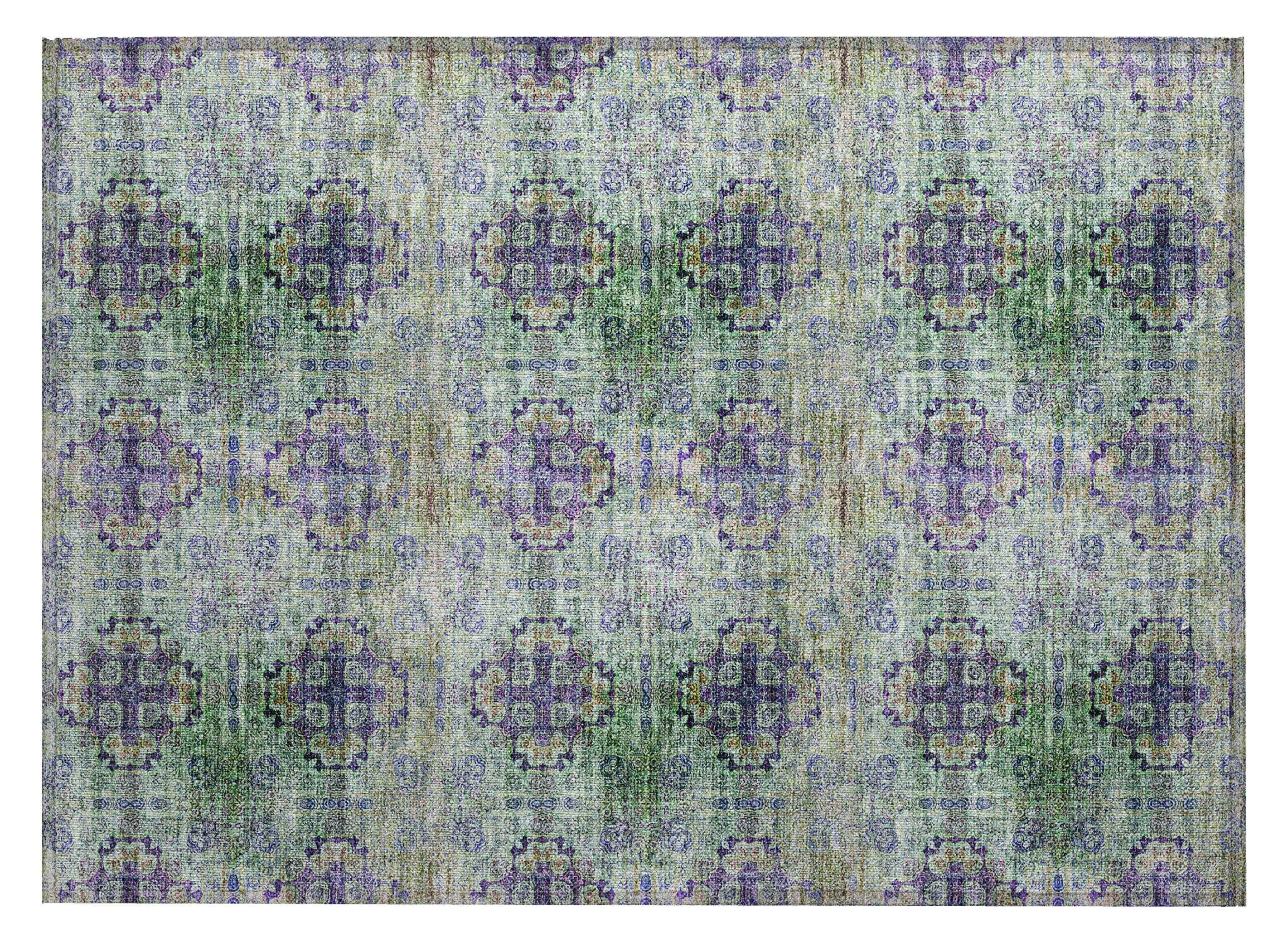 2' X 3' Purple and Green Floral Medallion Washable Non Skid Indoor Outdoor Area Rug