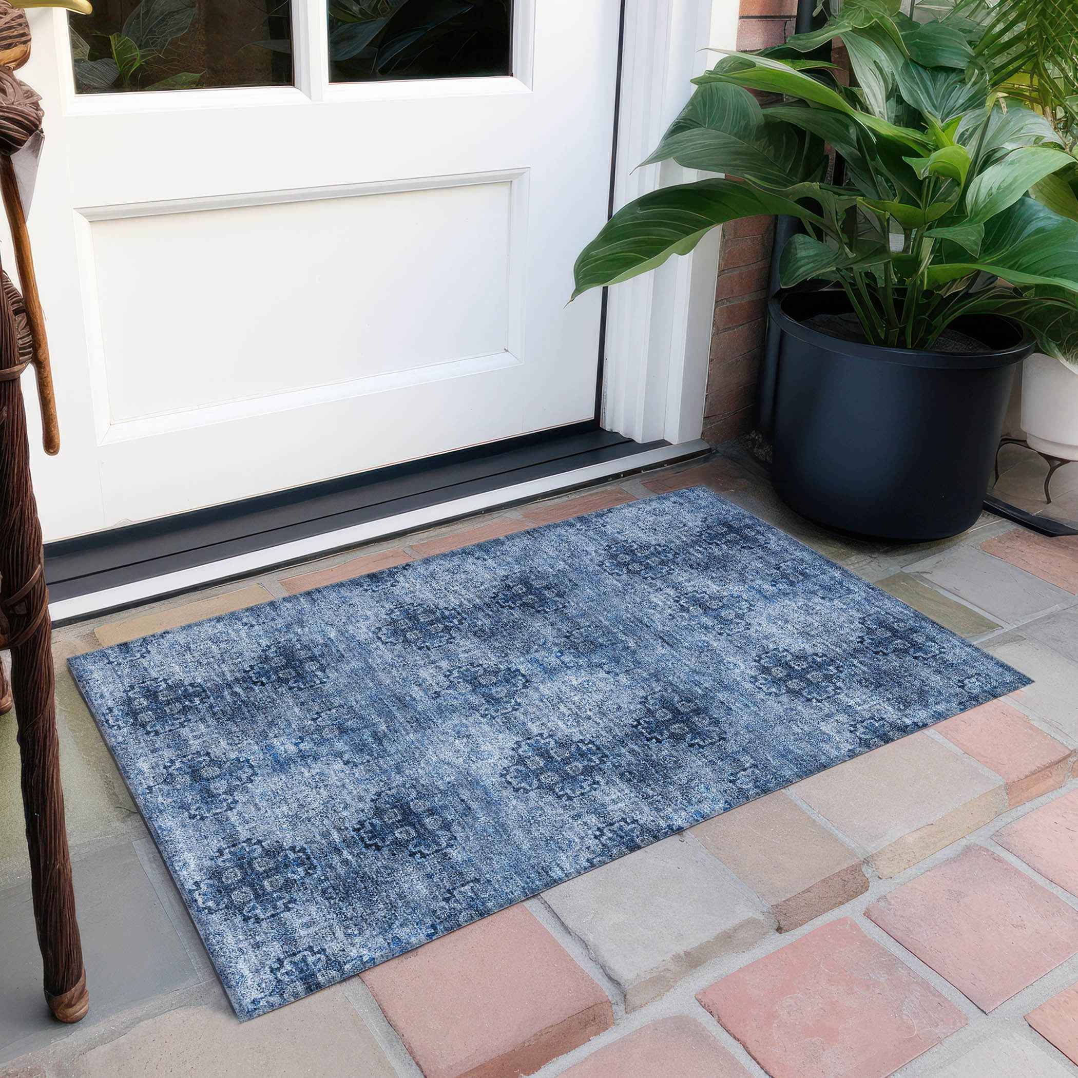 2' X 3' Navy Blue Floral Medallion Washable Non Skid Indoor Outdoor Area Rug