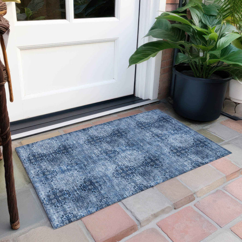 2' X 3' Navy Blue Floral Medallion Washable Non Skid Indoor Outdoor Area Rug