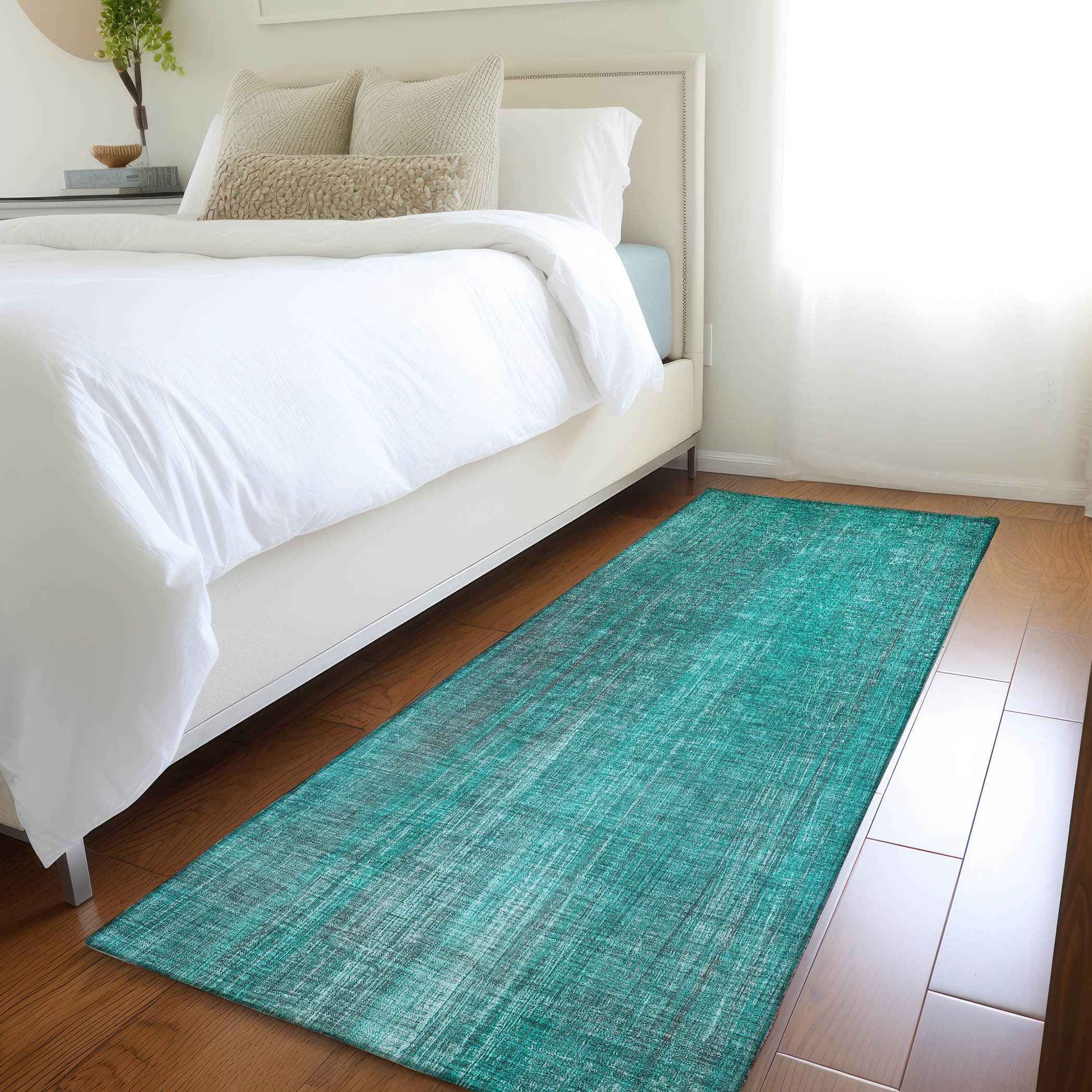 8' Runner Teal Striped Washable Non Skid Indoor Outdoor Runner Rug