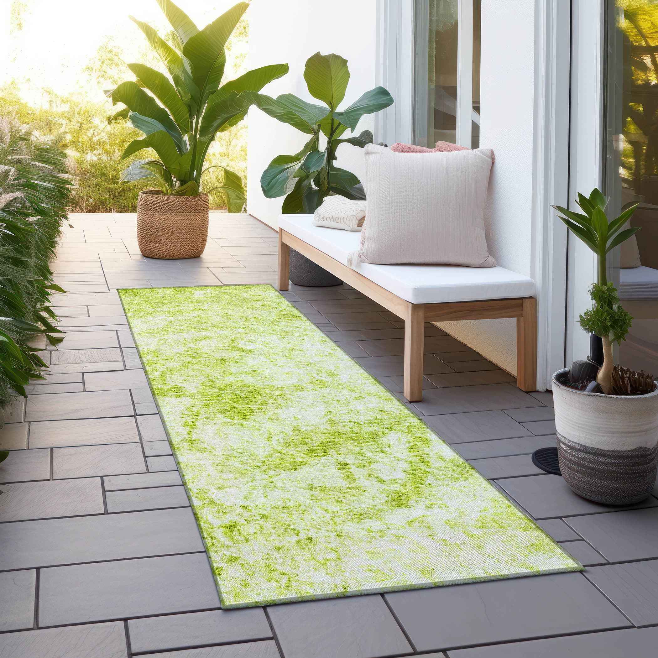 8' Runner Lime Green Abstract Washable Non Skid Indoor Outdoor Runner Rug