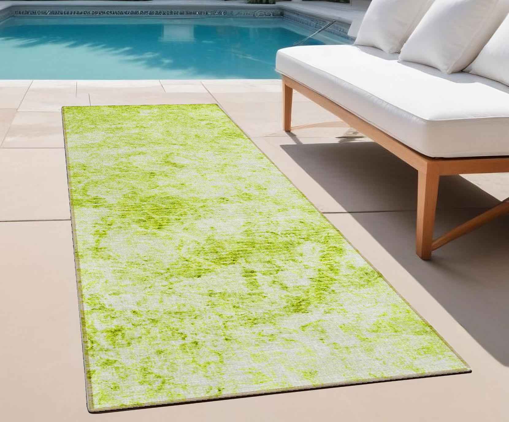 8' Runner Lime Green Abstract Washable Non Skid Indoor Outdoor Runner Rug