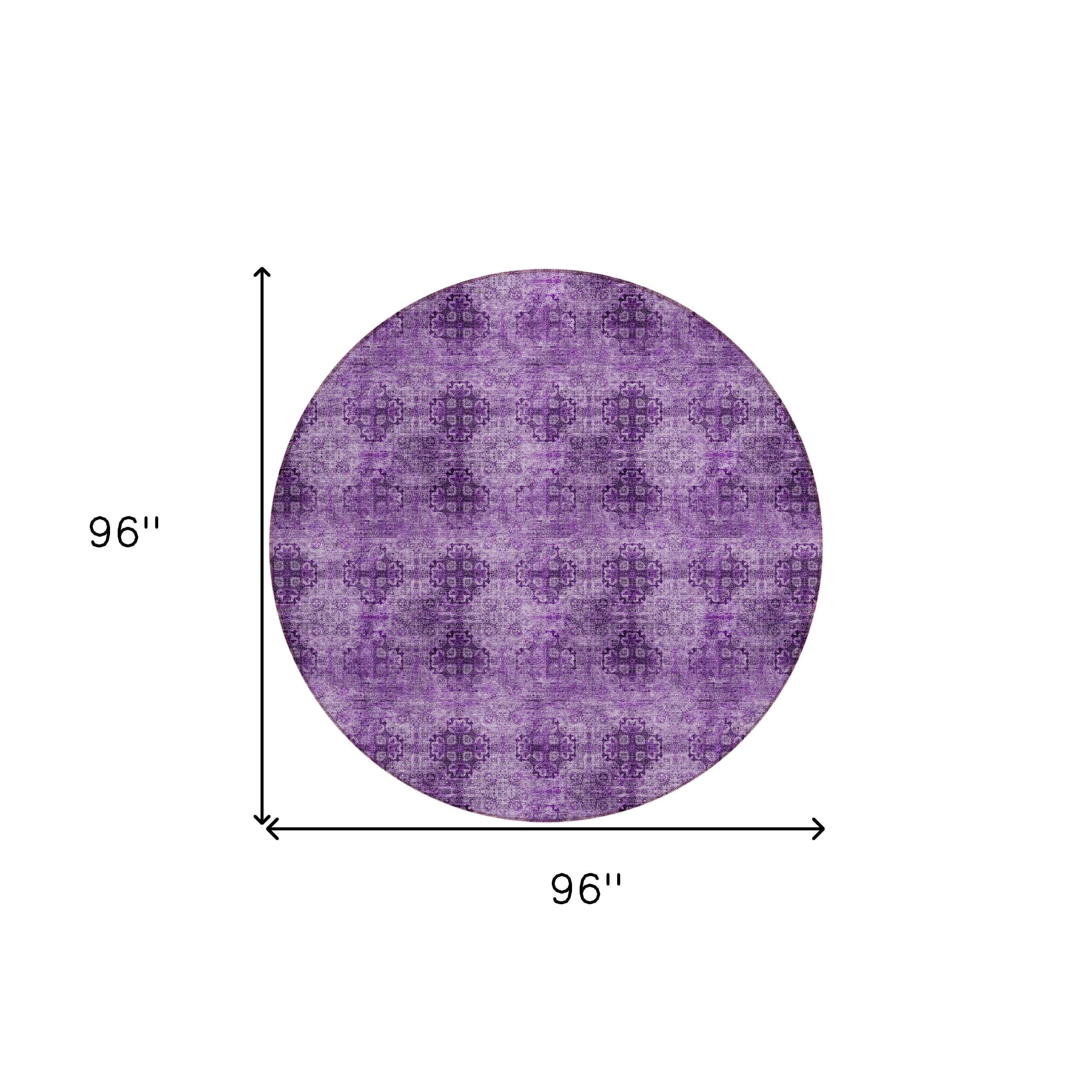 8' Round Eggplant Round Floral Medallion Washable Non Skid Indoor Outdoor Area Rug