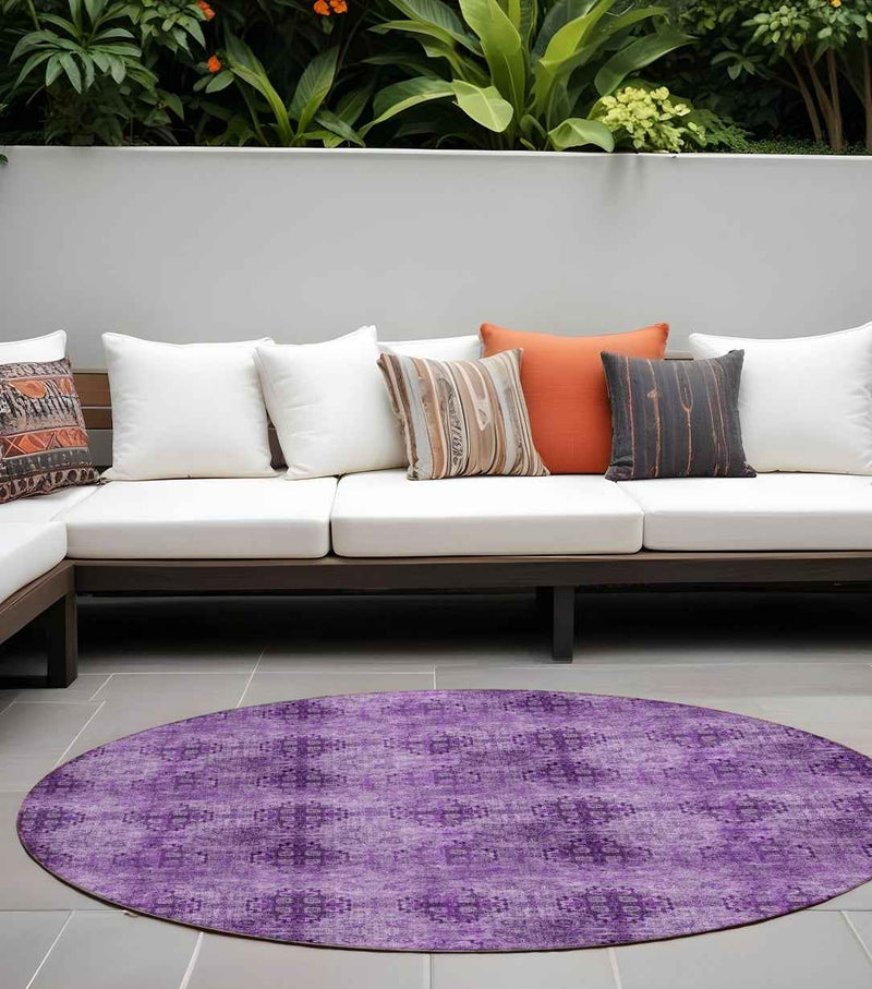 8' Round Eggplant Round Floral Medallion Washable Non Skid Indoor Outdoor Area Rug
