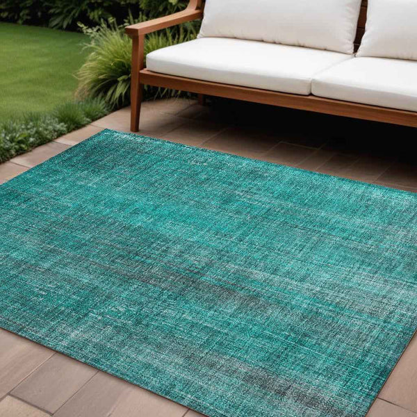 10' X 14' Teal Striped Washable Non Skid Indoor Outdoor Area Rug