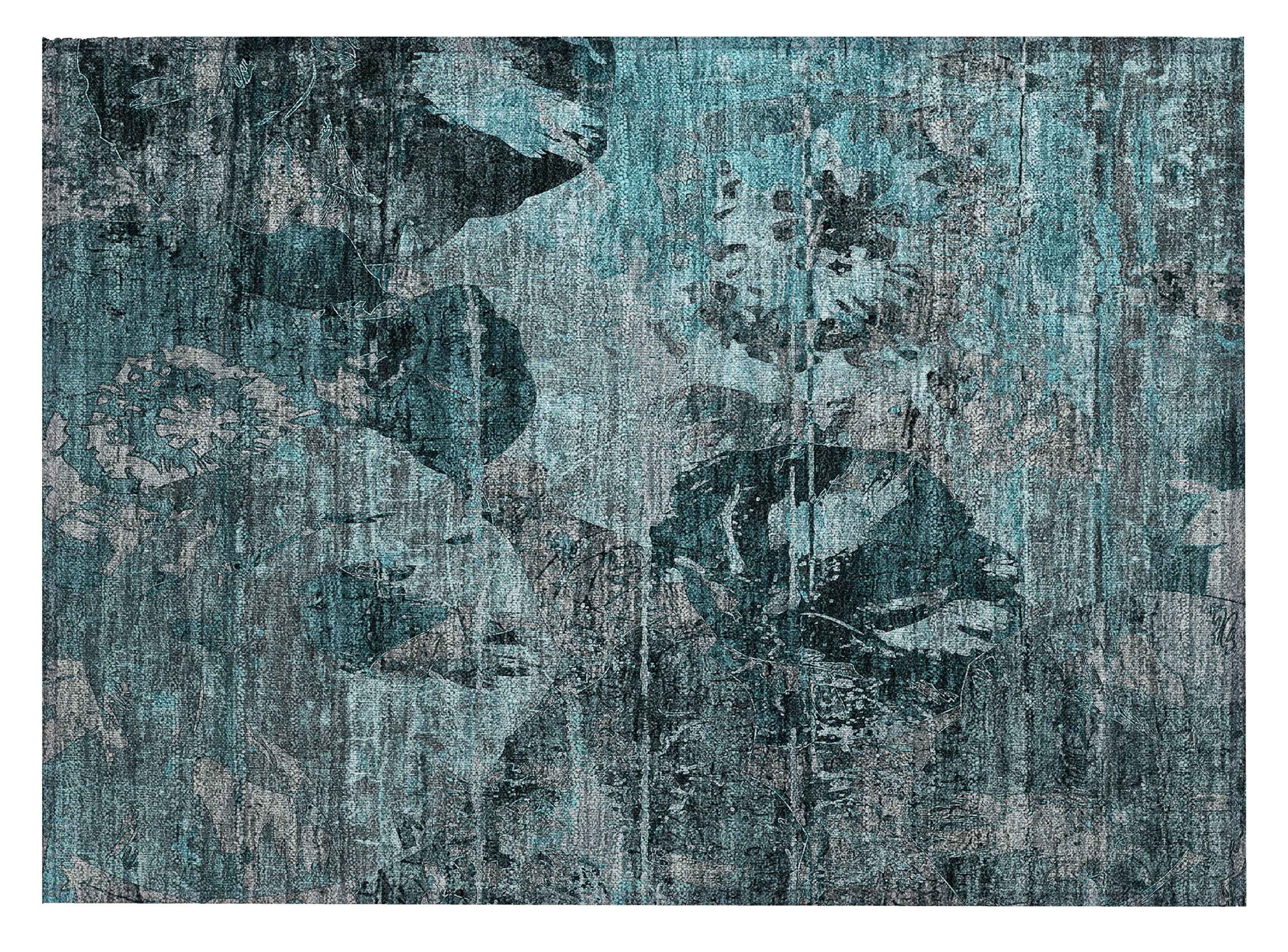 2' X 3' Teal and Gray Floral Washable Non Skid Indoor Outdoor Area Rug