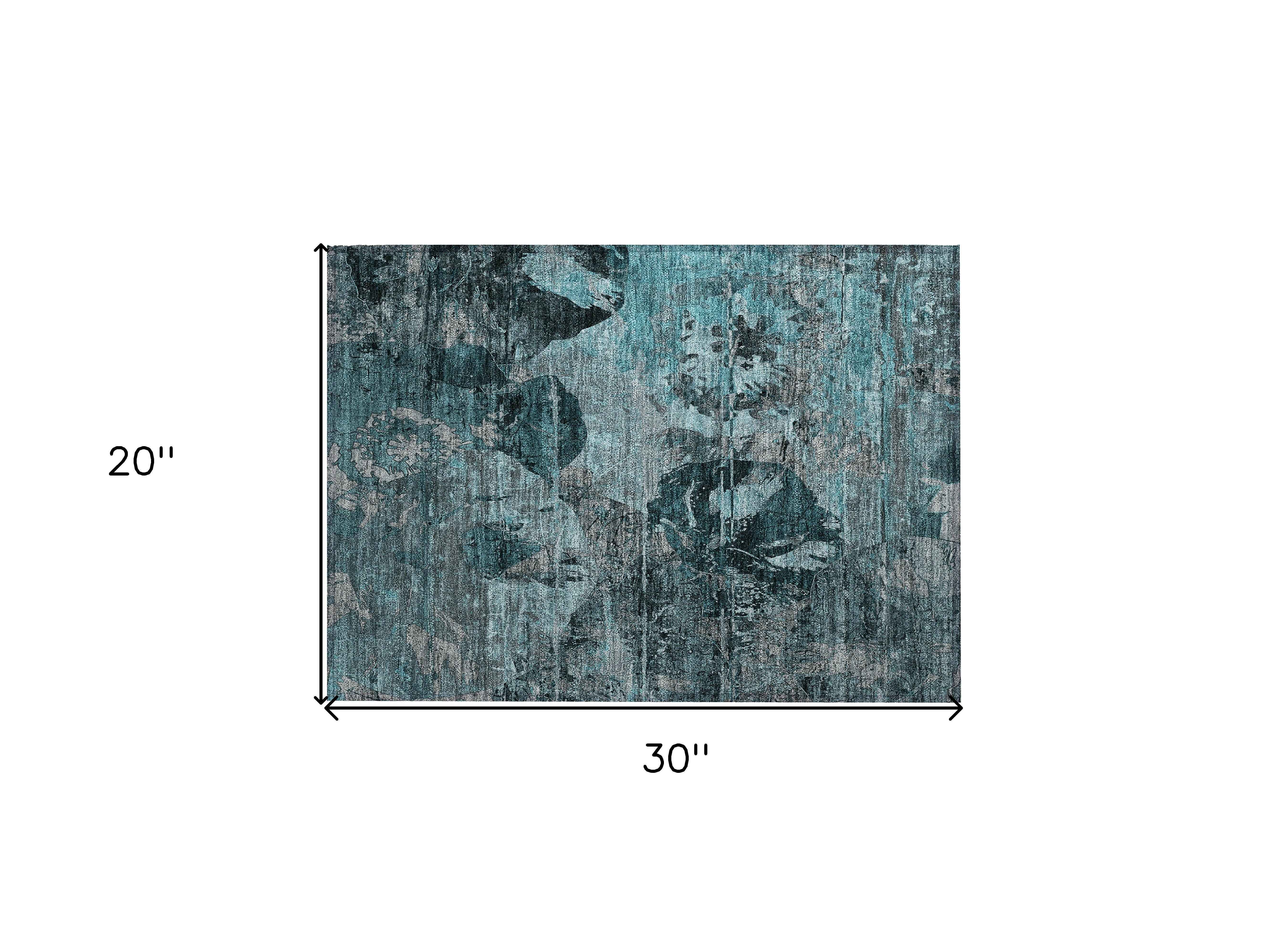 2' X 3' Teal and Gray Floral Washable Non Skid Indoor Outdoor Area Rug