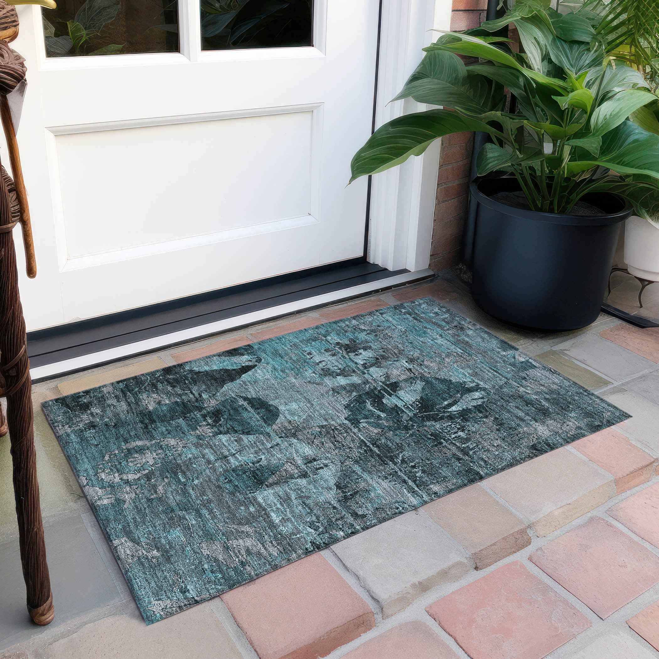2' X 3' Teal and Gray Floral Washable Non Skid Indoor Outdoor Area Rug