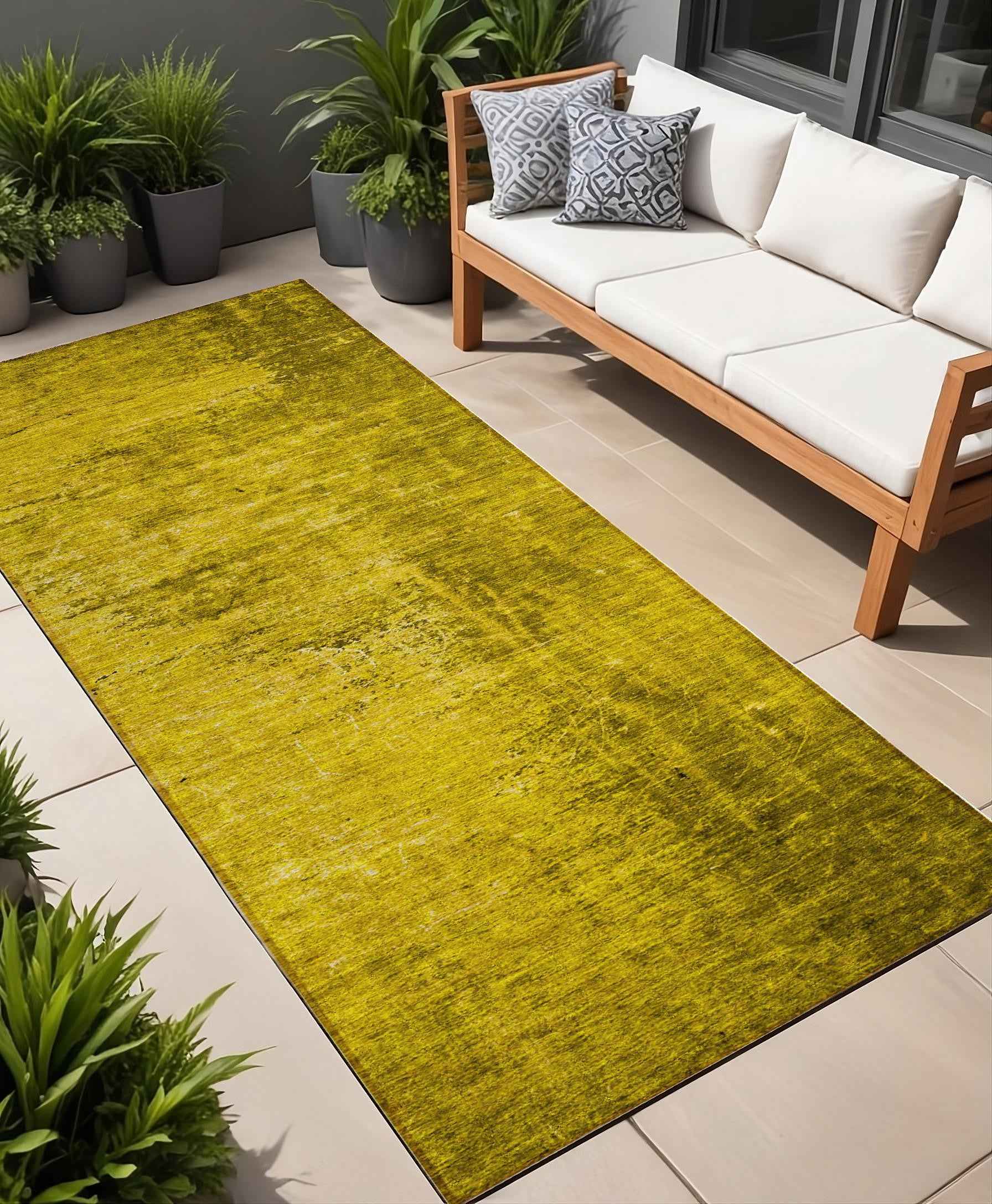 8' Runner Gold Abstract Washable Non Skid Indoor Outdoor Runner Rug