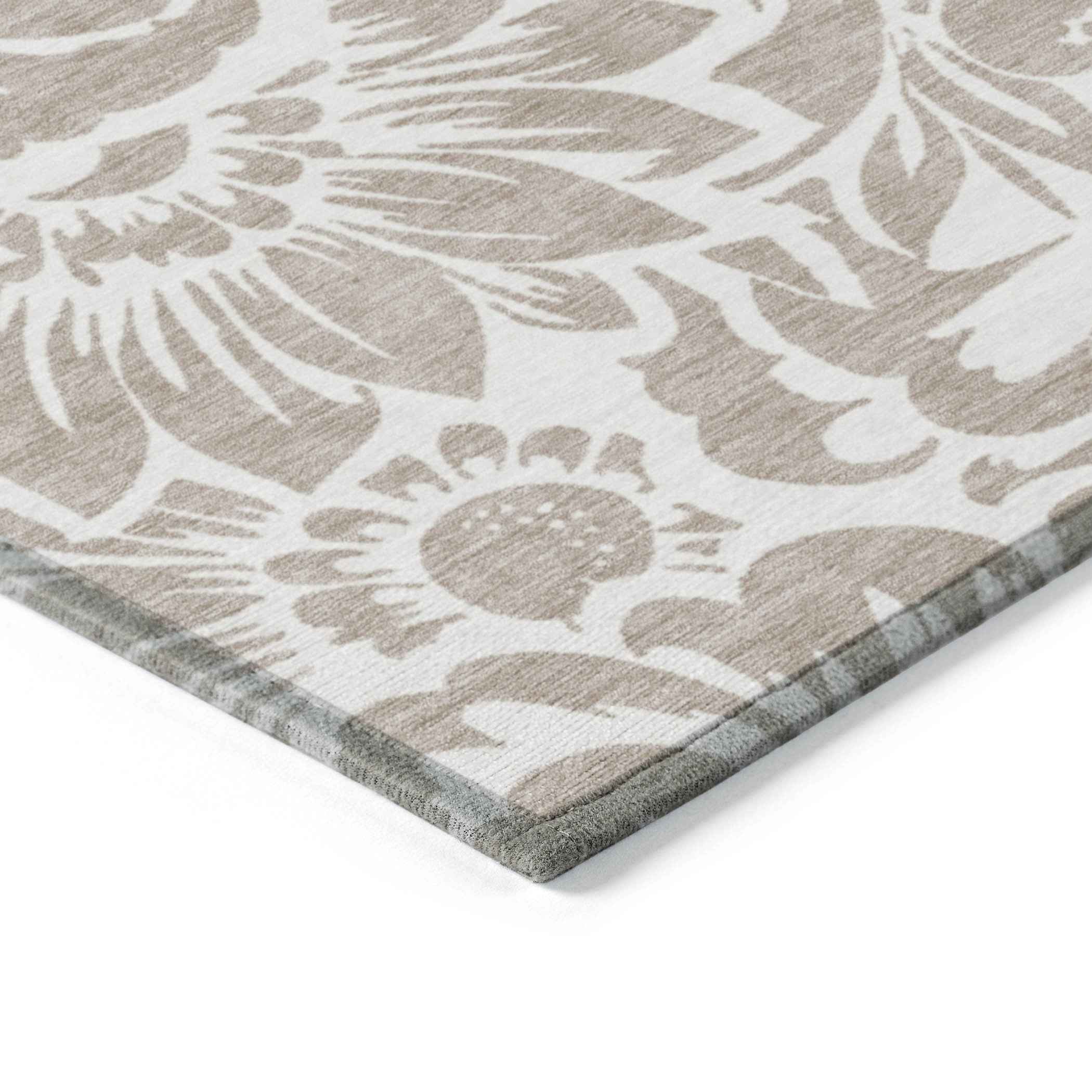 10' X 14' Taupe and Ivory Floral Washable Non Skid Indoor Outdoor Area Rug