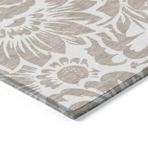 10' X 14' Taupe and Ivory Floral Washable Non Skid Indoor Outdoor Area Rug