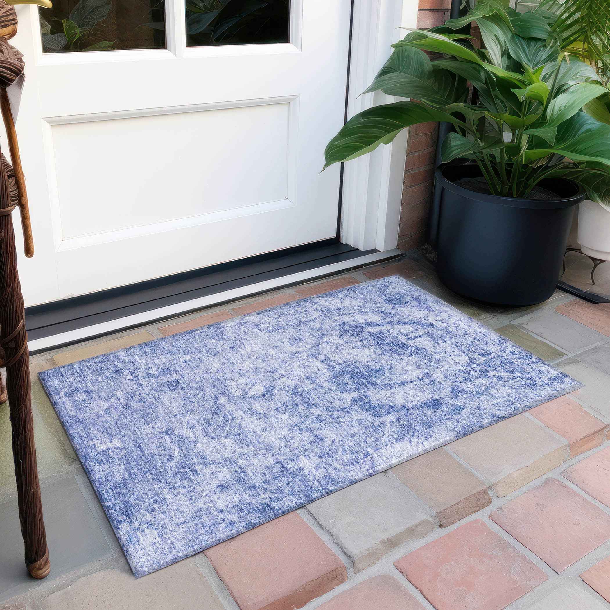2' X 3' Blue Abstract Washable Non Skid Indoor Outdoor Area Rug