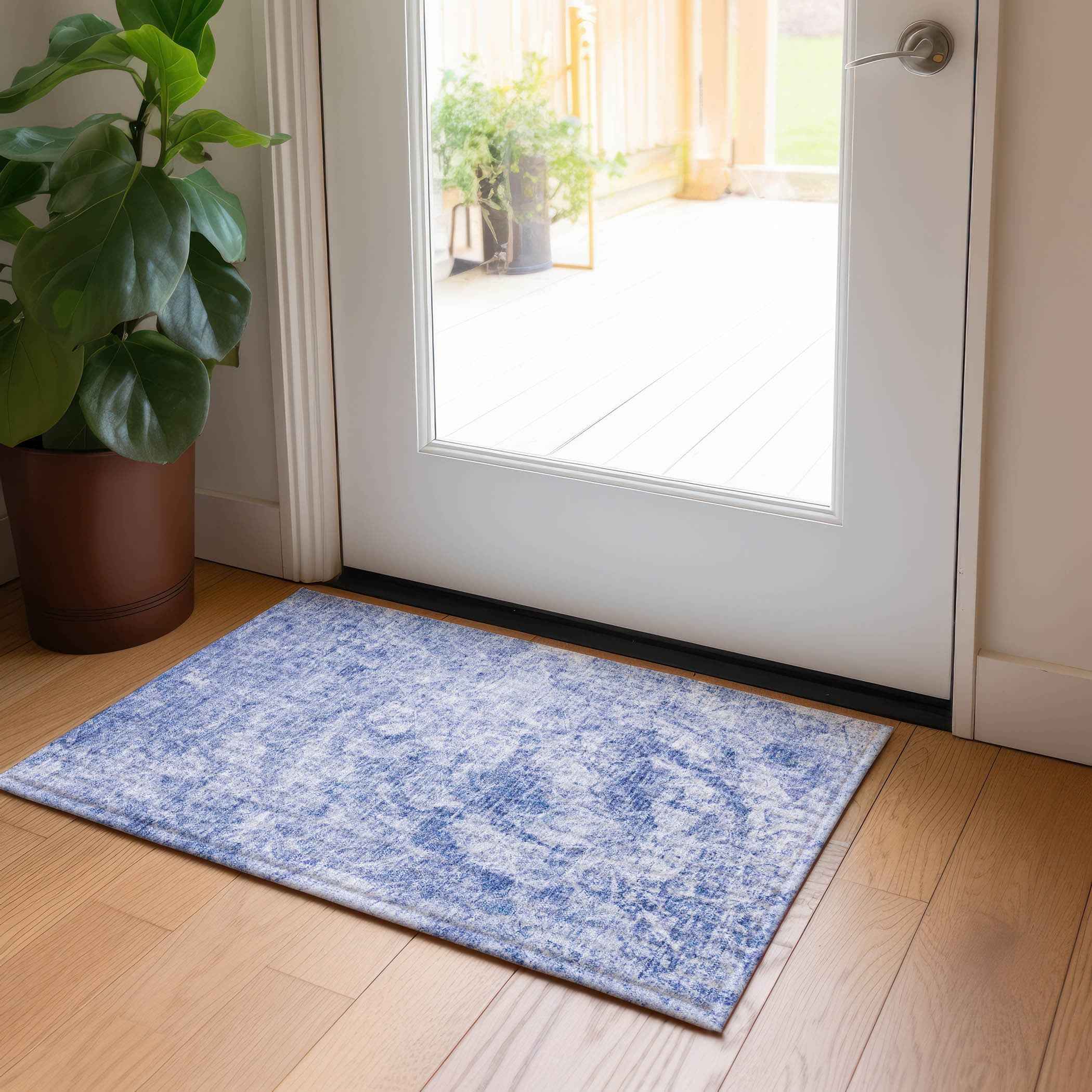 2' X 3' Blue Abstract Washable Non Skid Indoor Outdoor Area Rug
