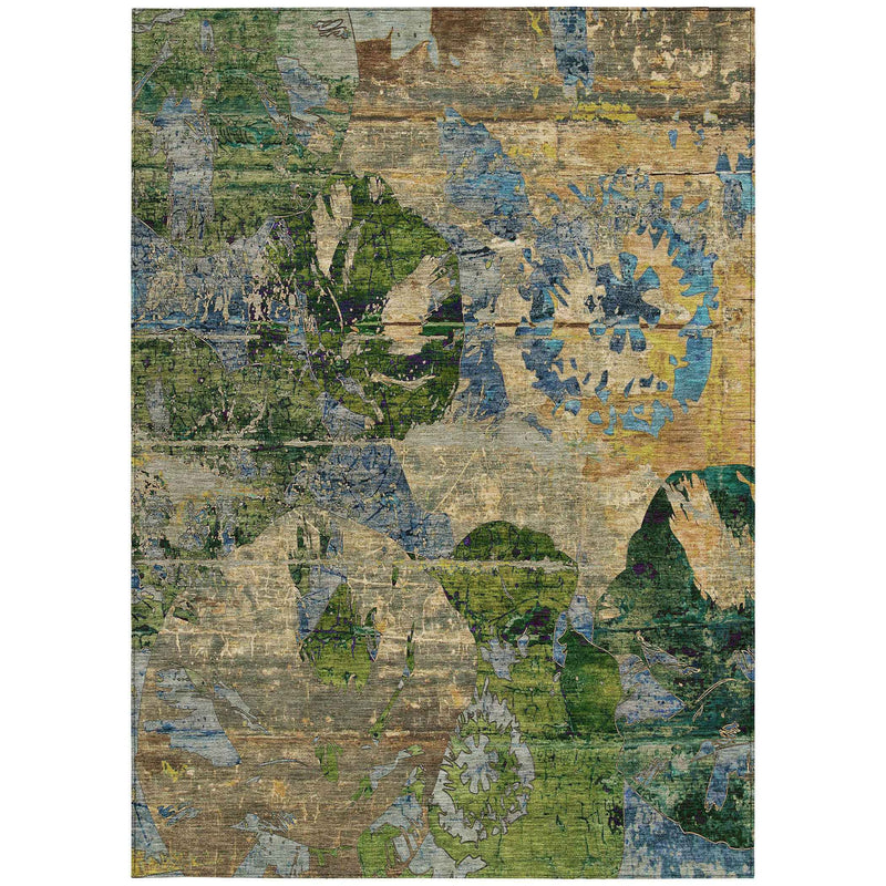 3' X 5' Taupe Blue and Green Floral Washable Non Skid Indoor Outdoor Area Rug
