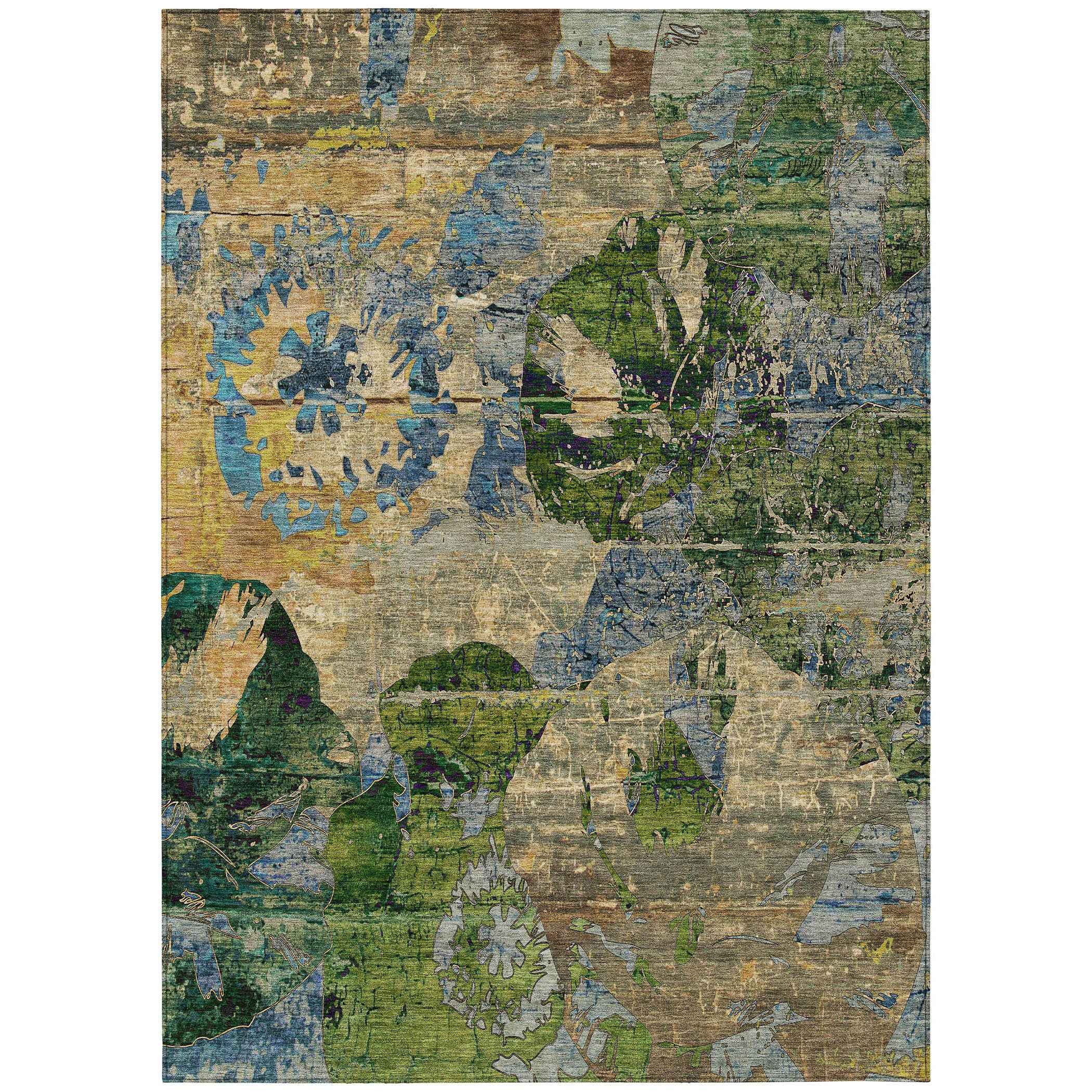 3' X 5' Taupe Blue and Green Floral Washable Non Skid Indoor Outdoor Area Rug
