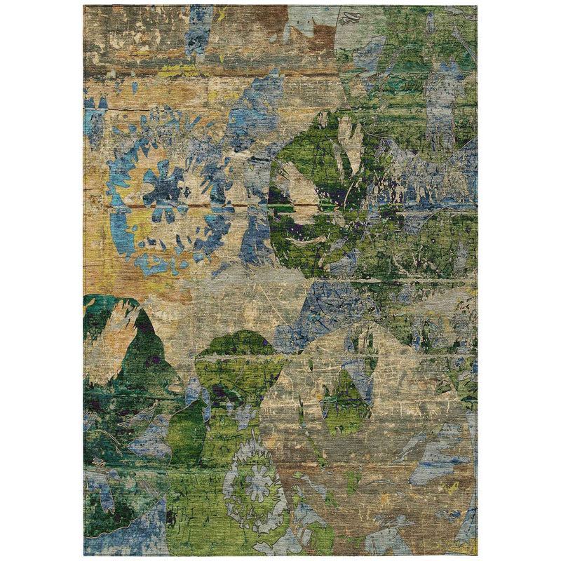 3' X 5' Taupe Blue and Green Floral Washable Non Skid Indoor Outdoor Area Rug
