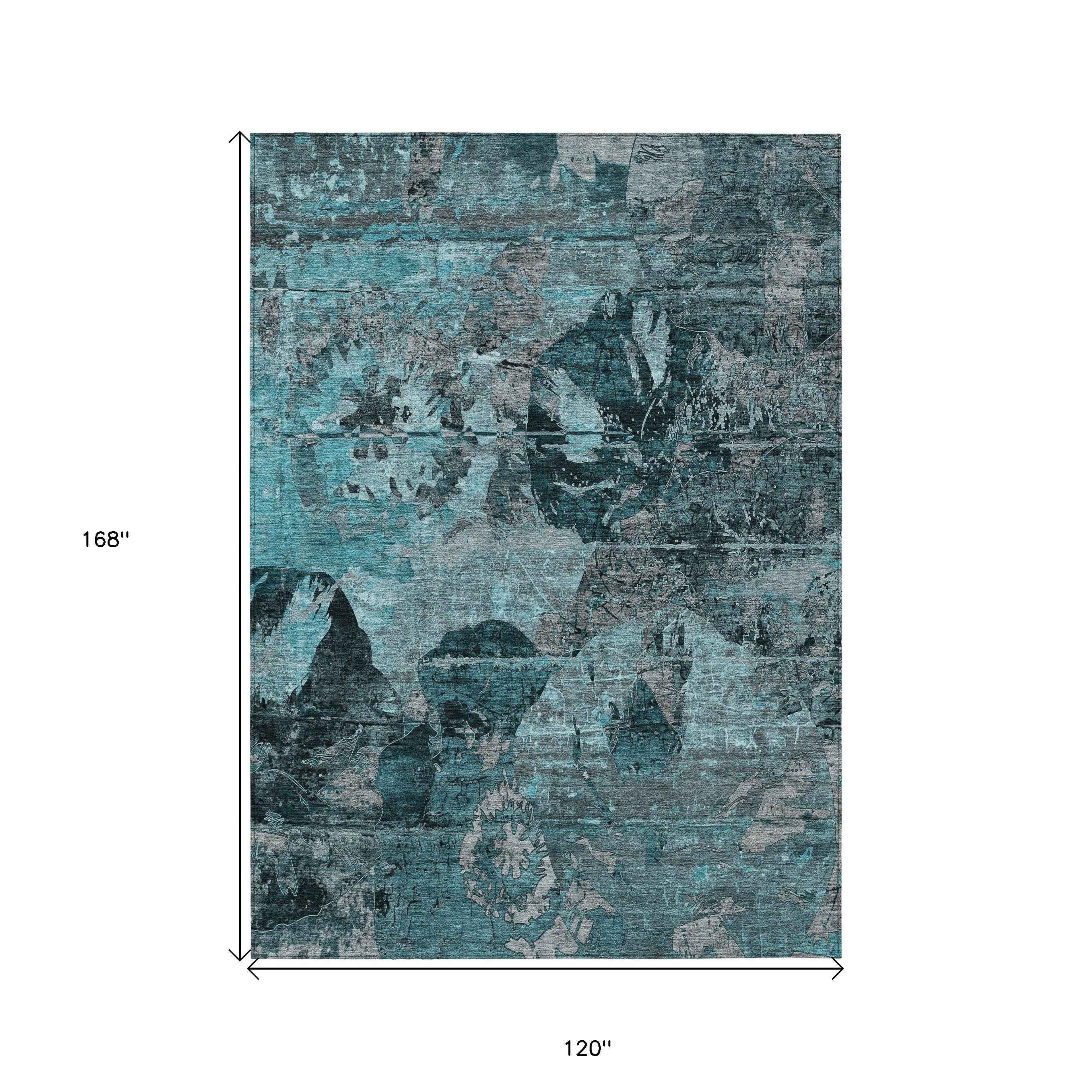 10' X 14' Teal and Gray Floral Washable Non Skid Indoor Outdoor Area Rug