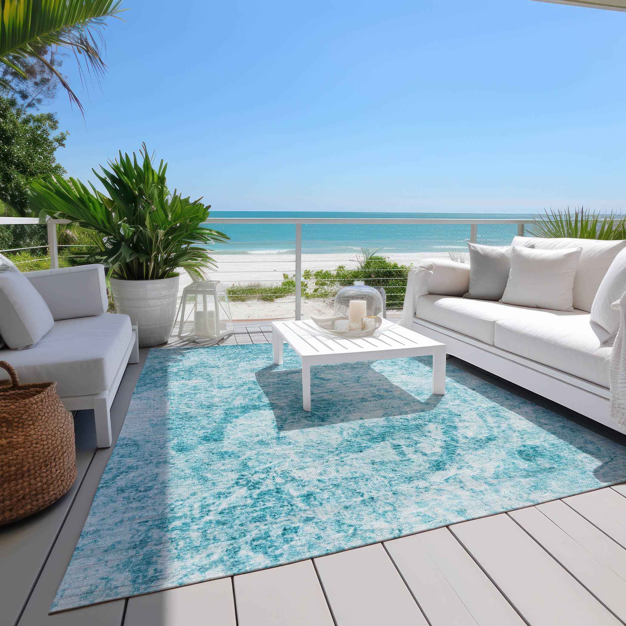 10' X 14' Teal Abstract Washable Non Skid Indoor Outdoor Area Rug