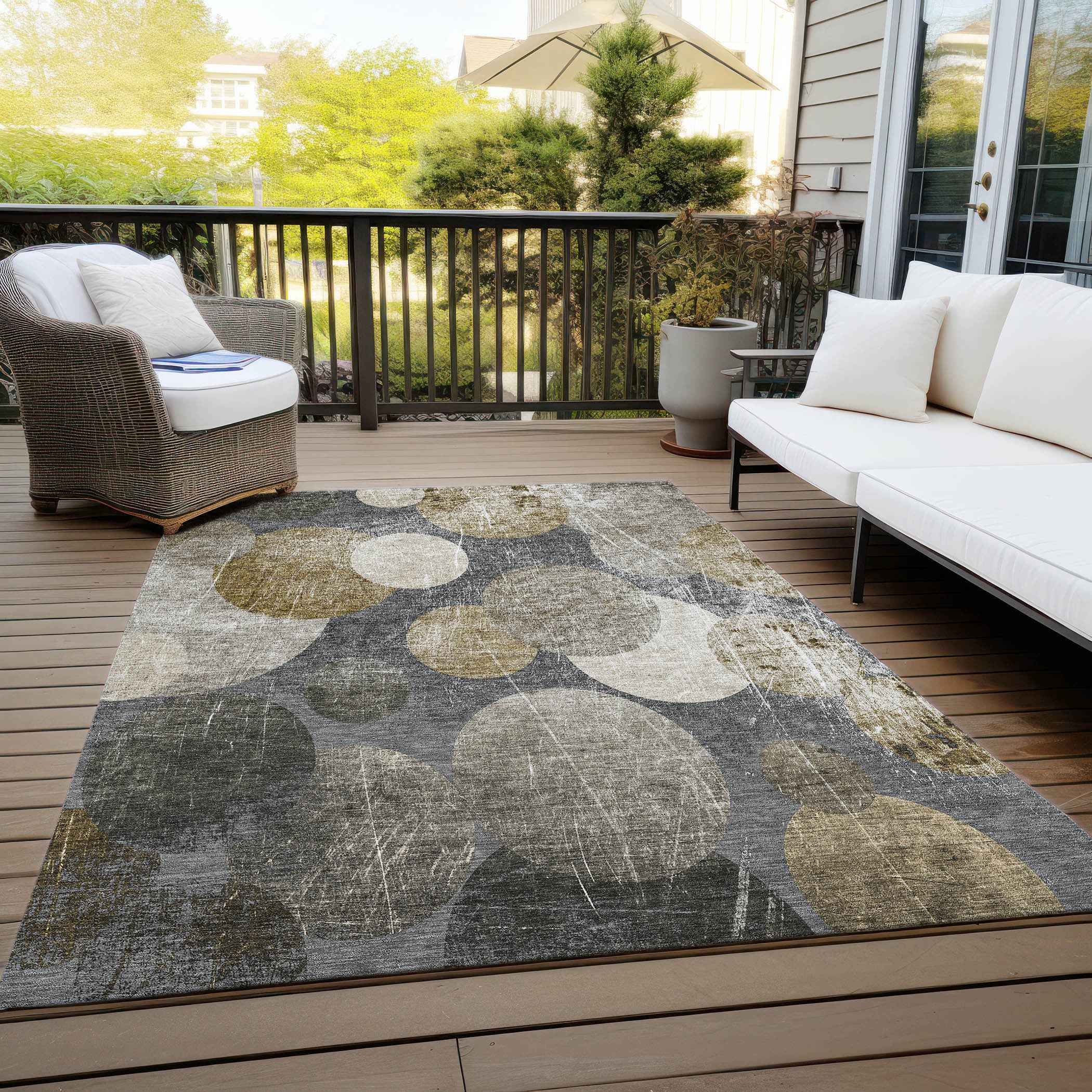 5' X 8' Brown Beige and Ivory Abstract Washable Non Skid Indoor Outdoor Area Rug